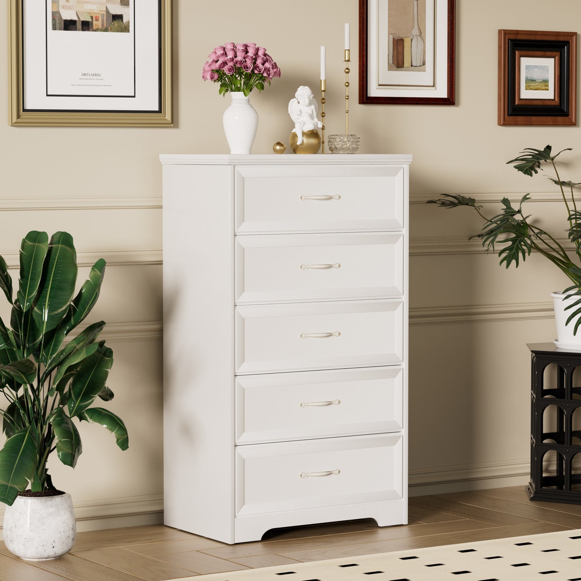 Modern 5 Tier Bedroom Chest Of Drawers, Dresser With Drawers, Clothes Organizer Metal Pulls For Living Room, Bedroom, Hallway, White, 25.2 L X 15.8 W X 43.5 H White Particle Board