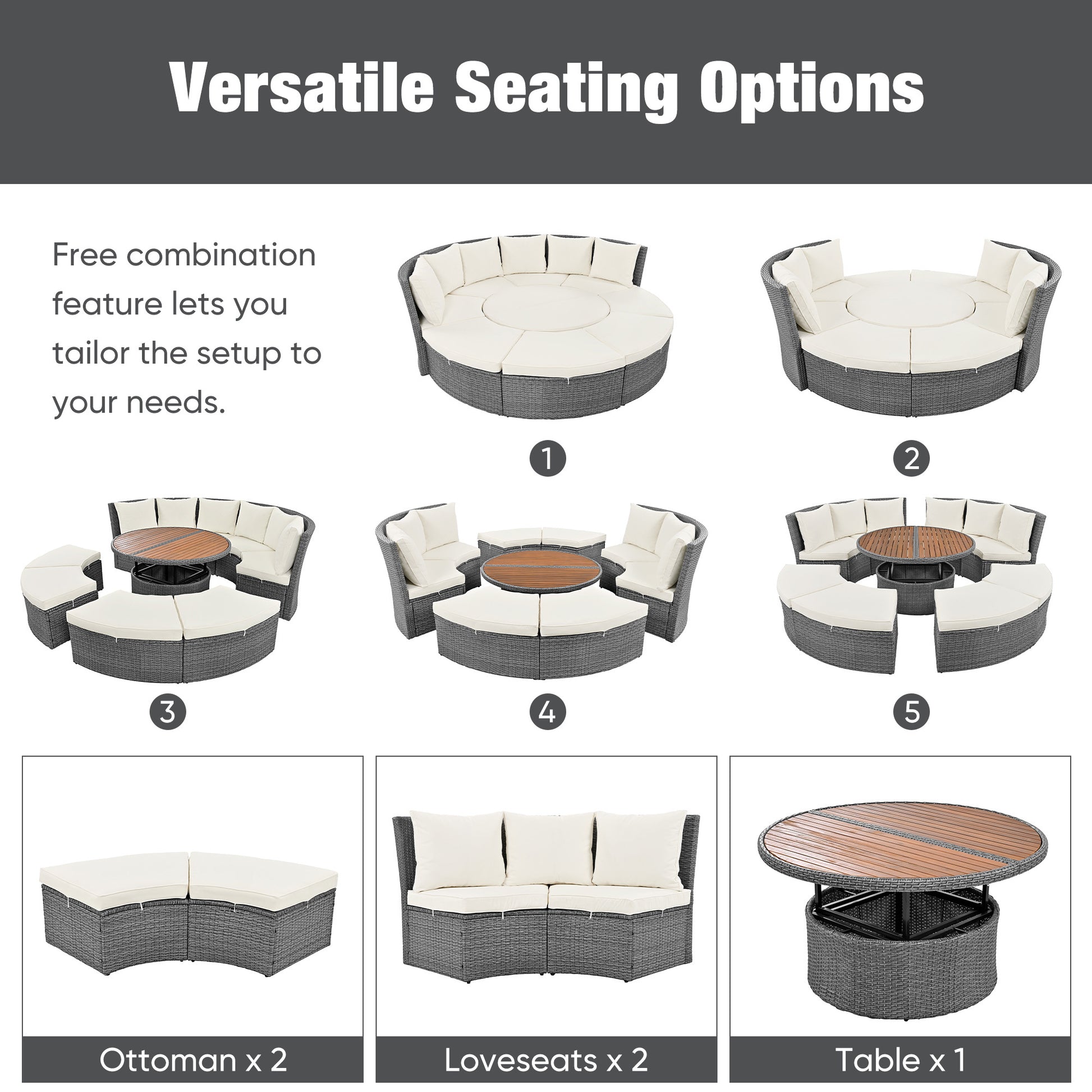 Patio 5 Piece Round Rattan Sectional Sofa Set All Weather Pe Wicker Sunbed Daybed With Round Liftable Table And Washable Cushions For Outdoor Backyard Poolside, Beige Yes Deep Seating Beige Water Resistant Frame Water Resistant Cushion Garden & Outdoor