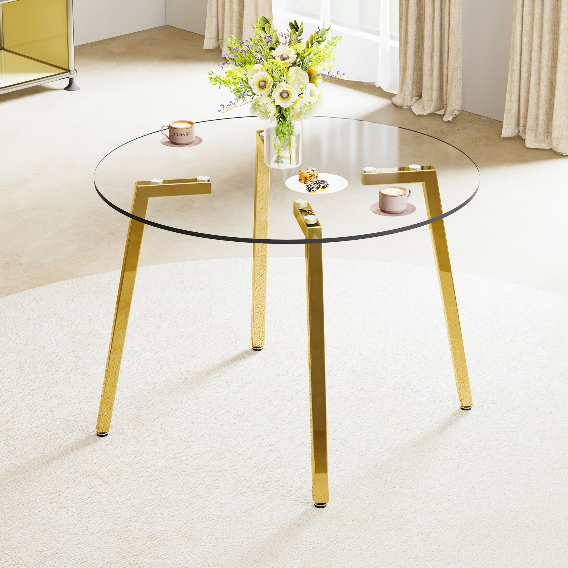Modern Minimalist Style Circular Transparent Tempered Glass Table, Tempered Glass Tabletop, Golden Metal Legs, Suitable For Kitchen, Dining Room, And Living Room, 42 "* 42" * 29.5 "1123R Transparent Glass