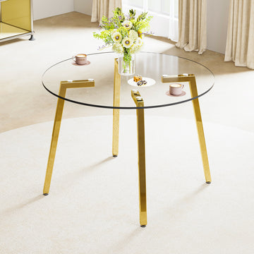 Modern Minimalist Style Circular Transparent Tempered Glass Table, Tempered Glass Tabletop, Golden Metal Legs, Suitable For Kitchen, Dining Room, And Living Room, 42 "* 42" * 29.5 "1123R Transparent Glass