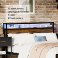 Queen Size Bed Frame With Storage Headboard And 2 Drawers, Led Lights Bed With Charging Station, Metal Platform Bed No Noise, Mattress Foundation Strong Metal Slats Support No Box Spring Needed Box Spring Not Required Queen Antique Brown Iron Brown