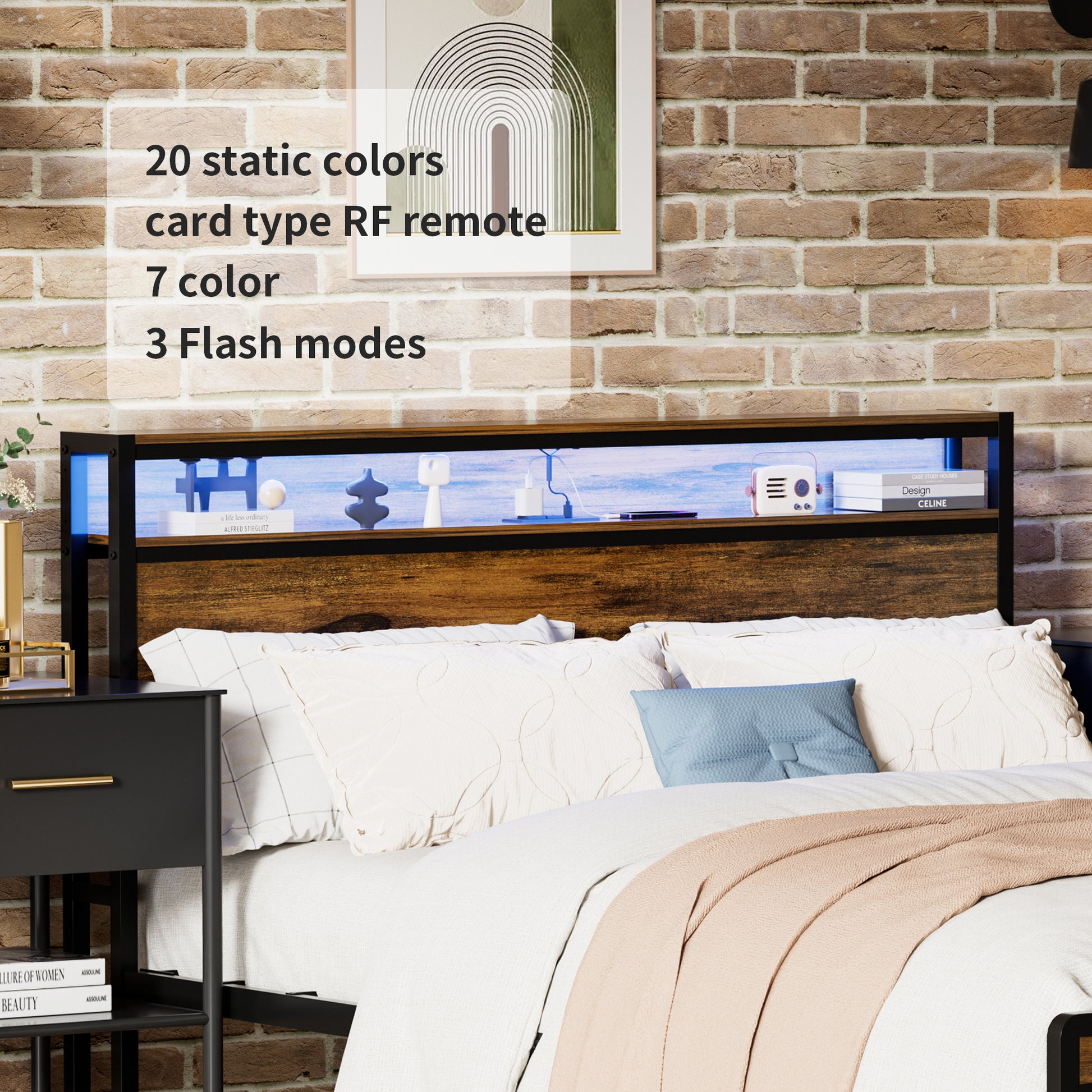 Queen Size Bed Frame With Storage Headboard And 2 Drawers, Led Lights Bed With Charging Station, Metal Platform Bed No Noise, Mattress Foundation Strong Metal Slats Support No Box Spring Needed Box Spring Not Required Queen Antique Brown Iron Brown