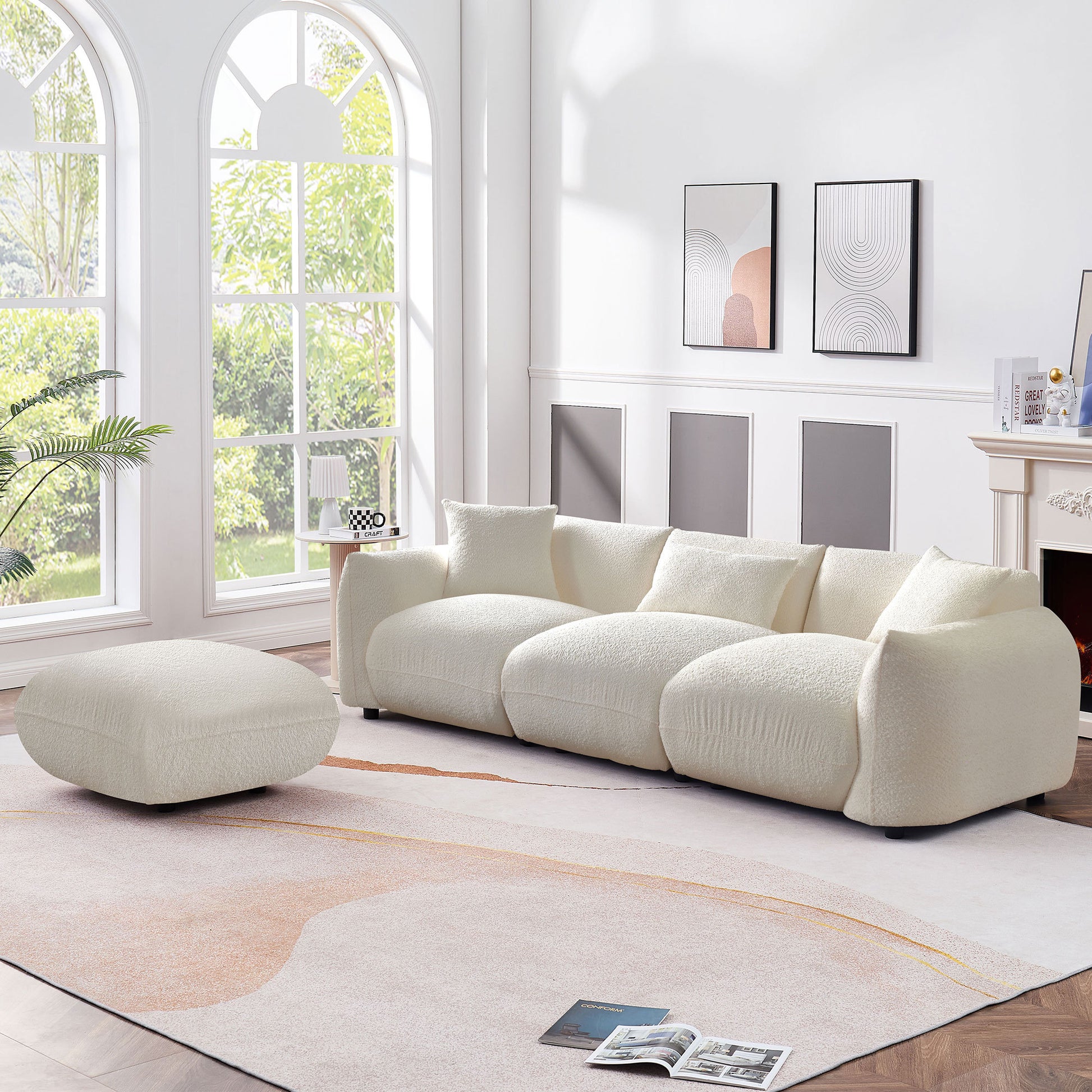 Mid Century Modern Couch 3 Seater Sofa With Ottoman Upholstered Footrest Stool Ottoman Foot Stool For Living Room, Bedroom, Beige Beige Boucle