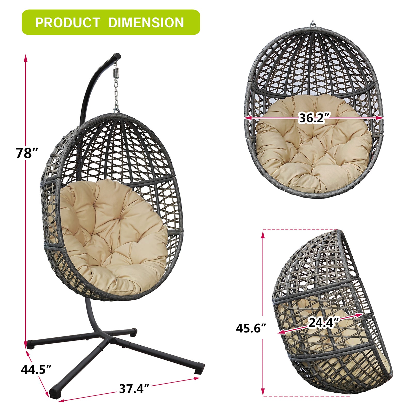 Hanging Swing Egg Chair With Stand,Outdoor Patio Wicker Tear Drop Shape Hammock Chair With Cushion Khaki Yes Deep Seating Khaki Weather Resistant Frame Water Resistant Cushion Garden & Outdoor Boho Complete Patio Sets Iron Plastic Pe Rattan Iron