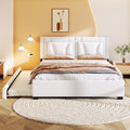 Queen Size Upholstered Platform Bed With Headboard And Twin Size Trundle, White Box Spring Not Required Queen White Bedroom Faux Leather Upholstered