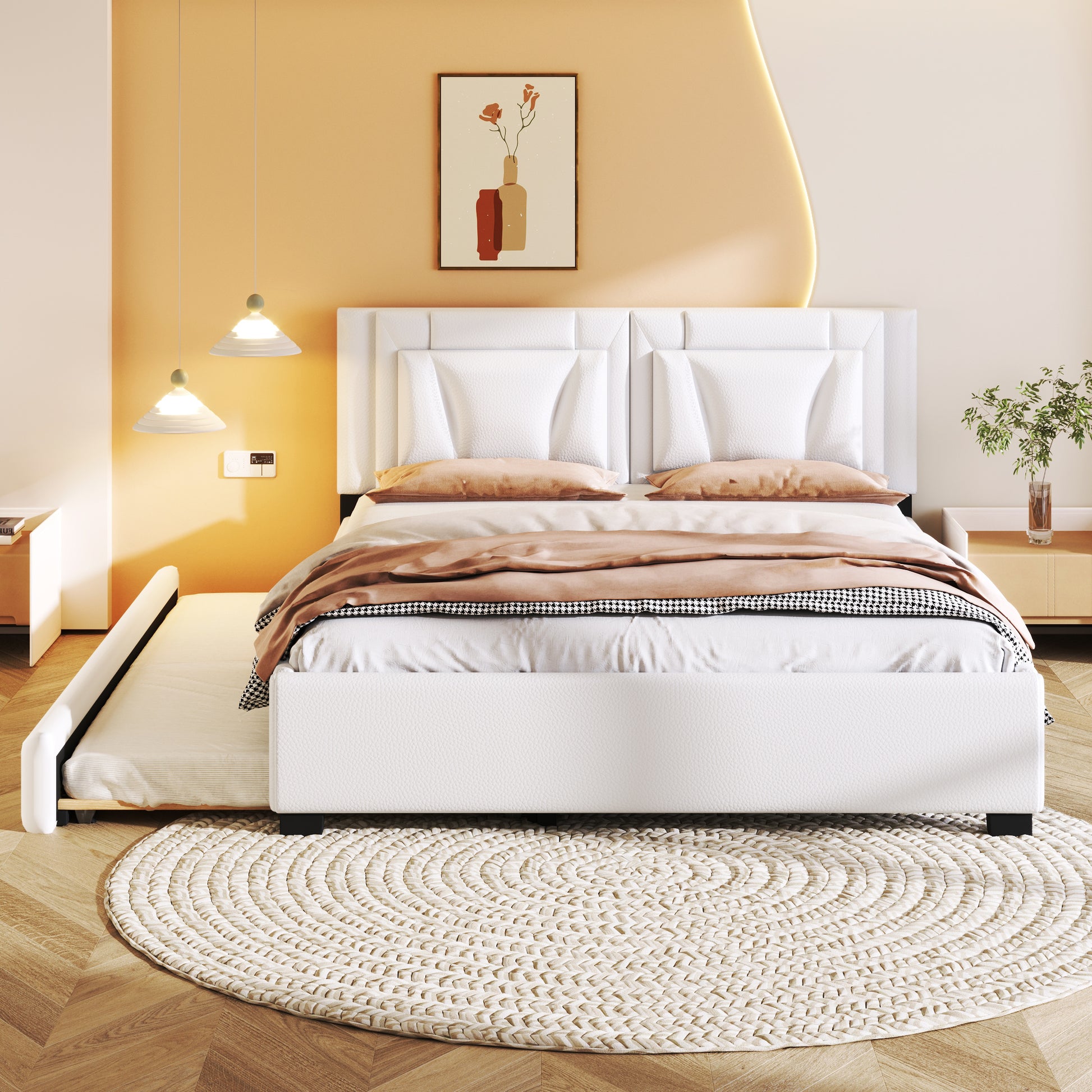 Queen Size Upholstered Platform Bed With Headboard And Twin Size Trundle, White Box Spring Not Required Queen White Bedroom Faux Leather Upholstered