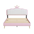 Full Size Upholstered Princess Bed With Crown Headboard,Full Size Platform Bed With Headboard And Footboard With Light Strips,Golden Metal Legs, White Pink Pink Pu