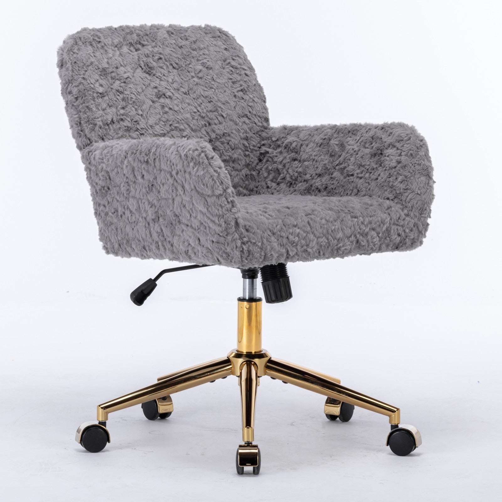 Office Chair,Artificial Rabbit Hair Home Office Chair With Golden Metal Base,Adjustable Desk Chair Swivel Office Chair,Vanity Chair Gray Gray Bedroom Foam Upholstered