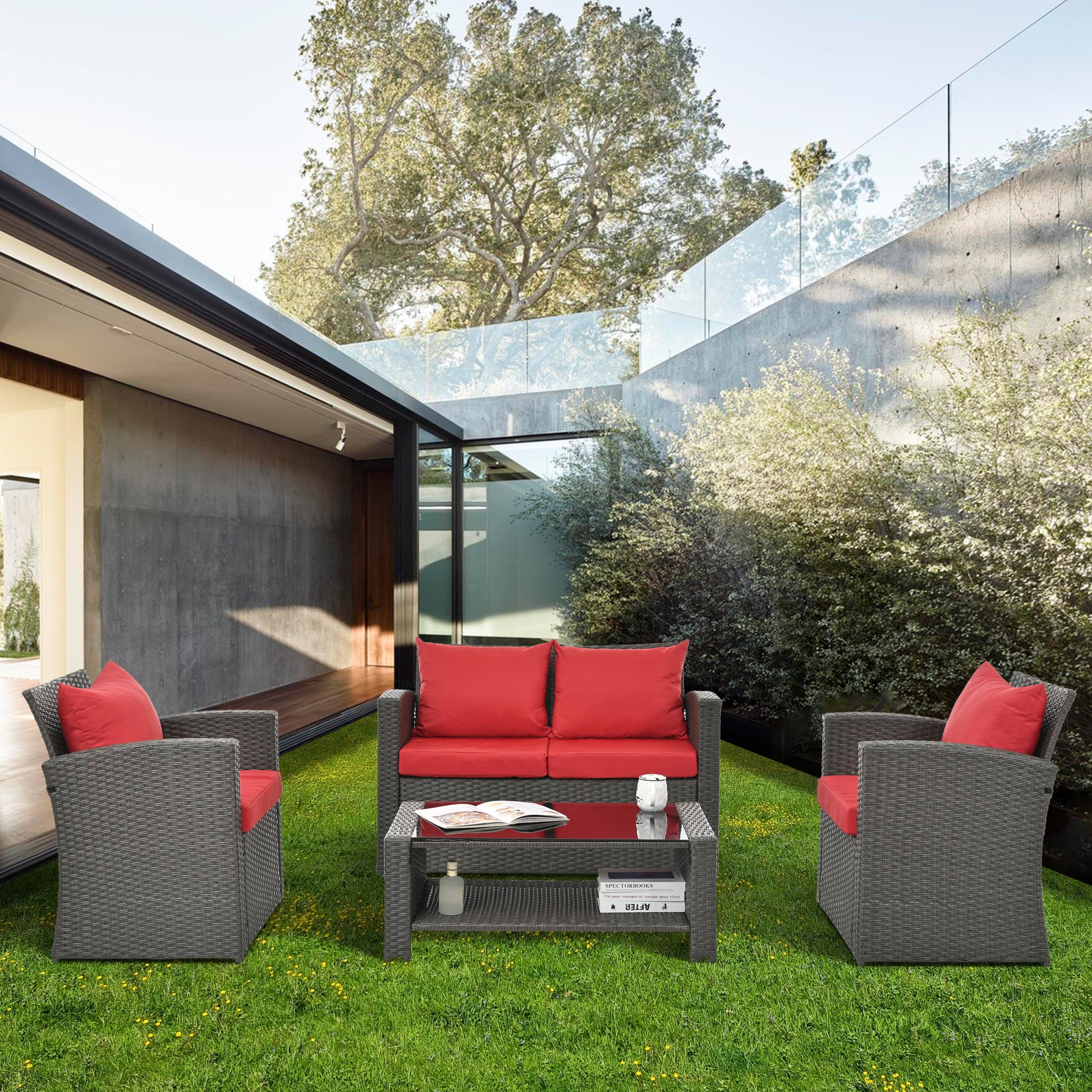 Patio Furniture Sets Dark Gray Seats 4 Pe Rattan Iron Waterproof Fabric