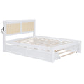 Full Size Elegant Bed Frame With Rattan Headboard And Sockets ,White Full White Rattan