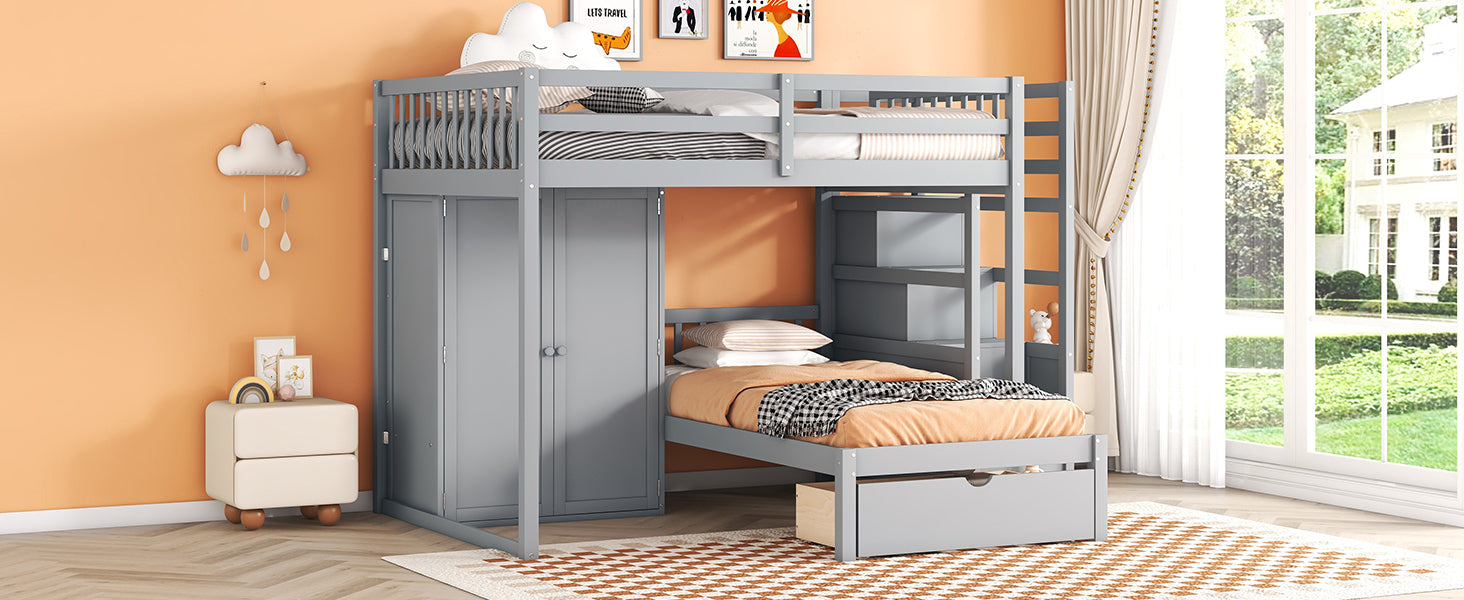 Full Over Twin Bunk Bed With Wardrobe, Drawers, Gray Gray Solid Wood