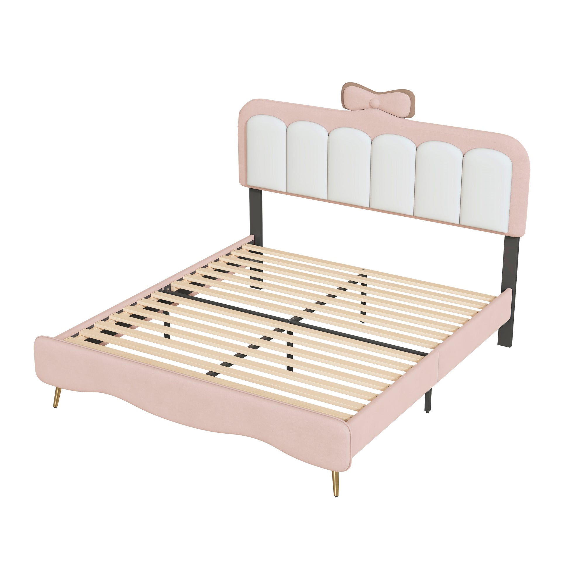 Full Size Velvet Princess Bed With Bow Knot Headboard,Full Size Platform Bed With Headboard And Footboard,White Pink Pink Velvet