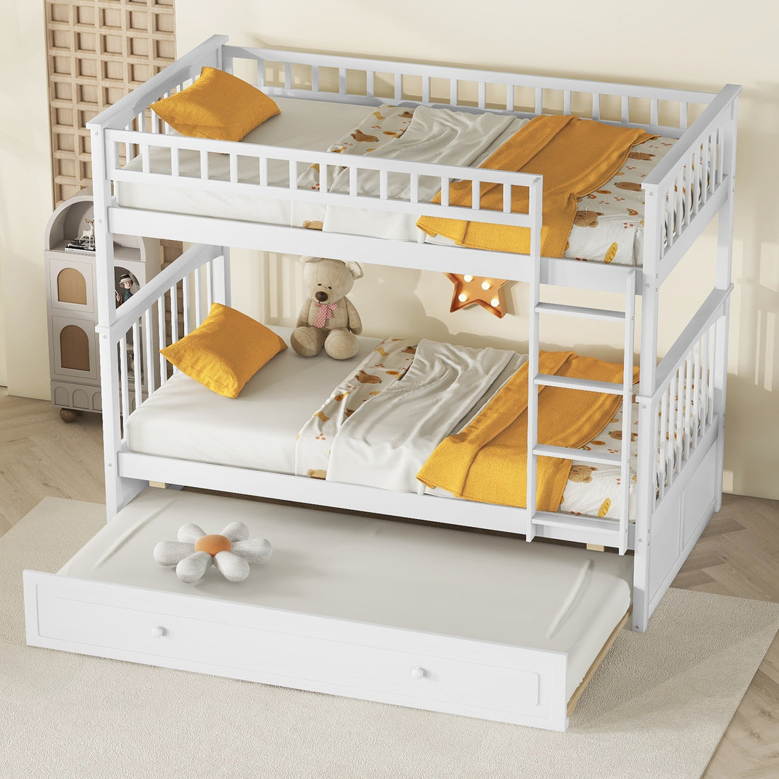 Twin Over Twin Bunk Bed With Twin Size Trundle, Convertible Beds, White Box Spring Not Required Twin White Bedroom Bunk Solid Wood Mdf