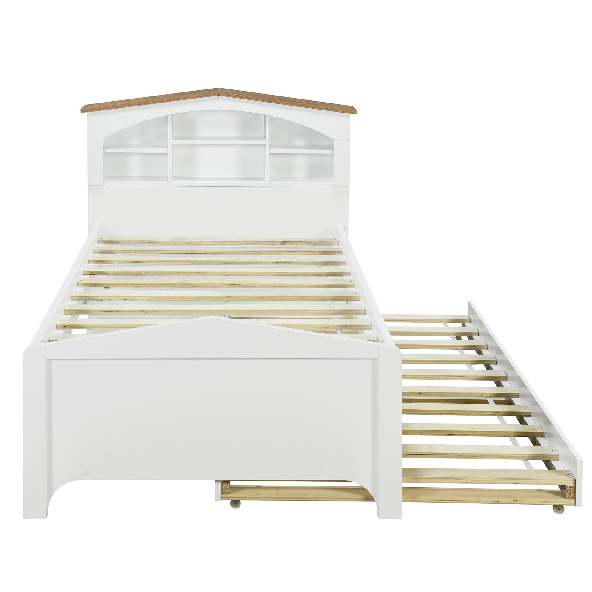 Twin Size Wood Platform Bed With House Shaped Storage Headboard And Trundle, White Box Spring Not Required Twin White Wood Bedroom Bed Frame Solid Wood Mdf