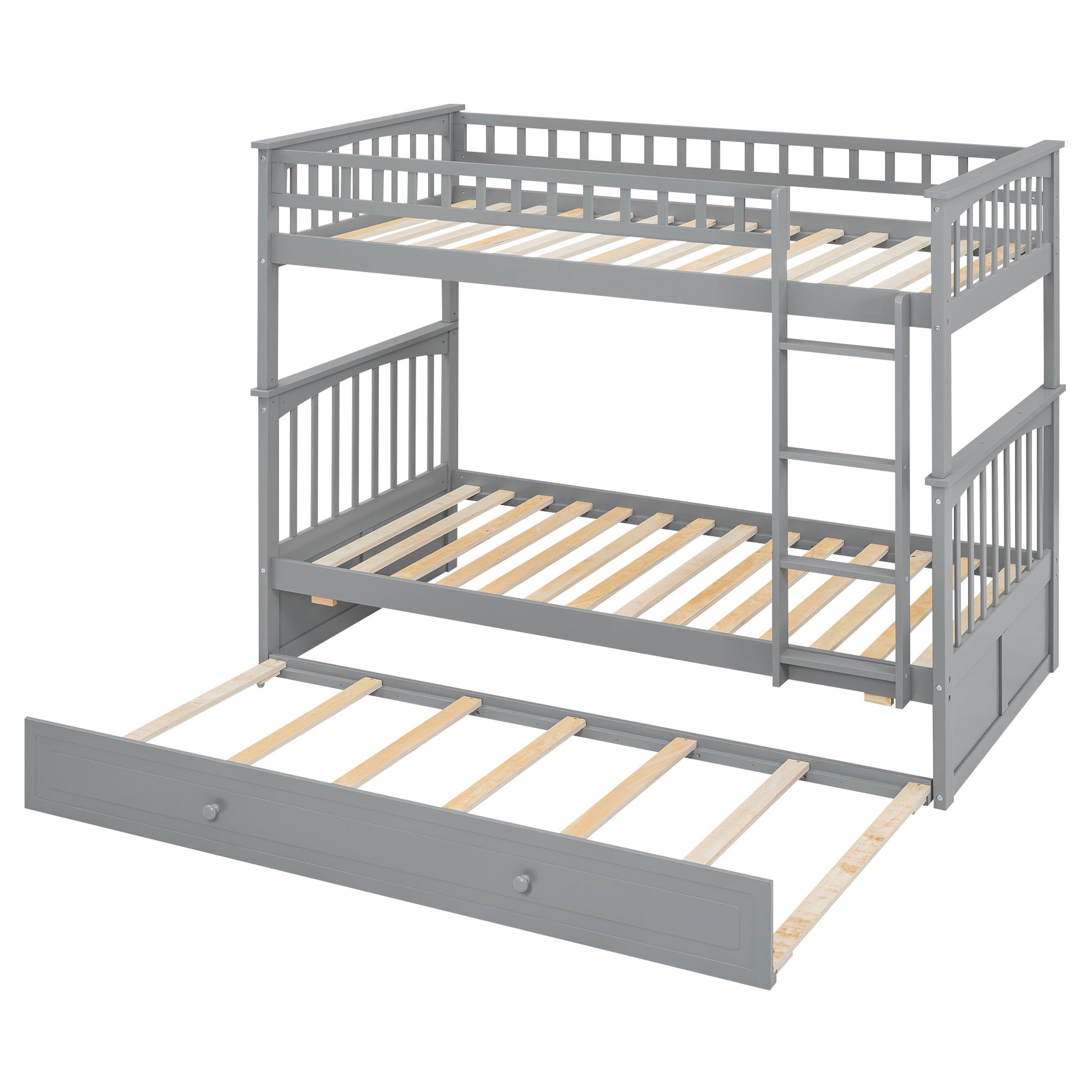 Twin Over Twin Bunk Bed With Twin Size Trundle, Convertible Beds, Gray Box Spring Not Required Twin Gray Bedroom Bunk Solid Wood Mdf