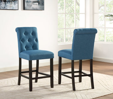 Leviton Solid Wood Tufted Asons Counter Height Stool, Set Of 2, Blue Blue Polyester Blend