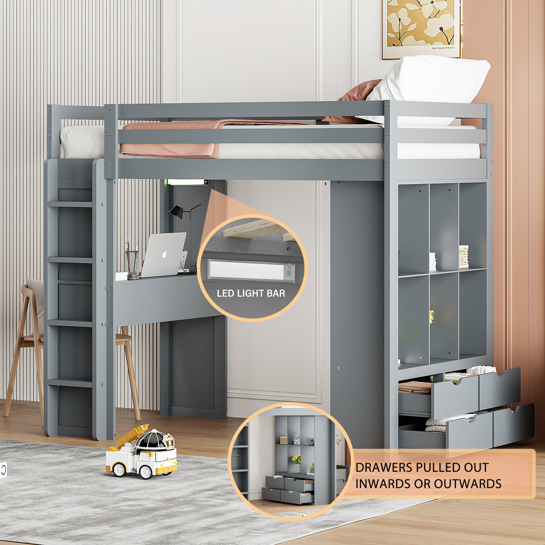 Twin Size Loft Bed With Large Shelves, Writing Desk And Led Light, Gray Gray Solid Wood Mdf