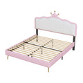 Full Size Upholstered Princess Bed With Crown Headboard,Full Size Platform Bed With Headboard And Footboard With Light Strips,Golden Metal Legs, White Pink Pink Pu