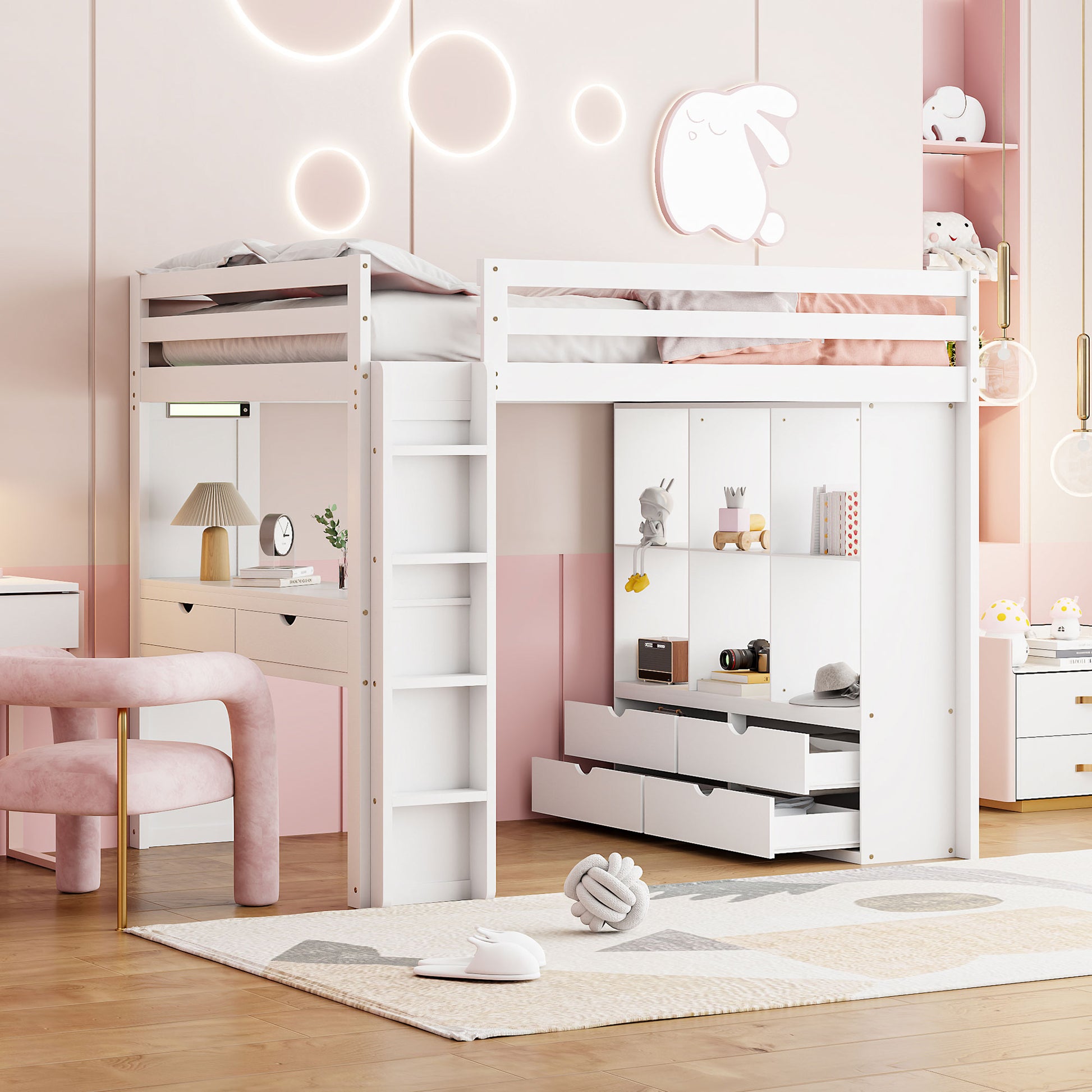 Full Size Loft Bed With Large Shelves, Writing Desk And Led Light, White White Solid Wood Mdf