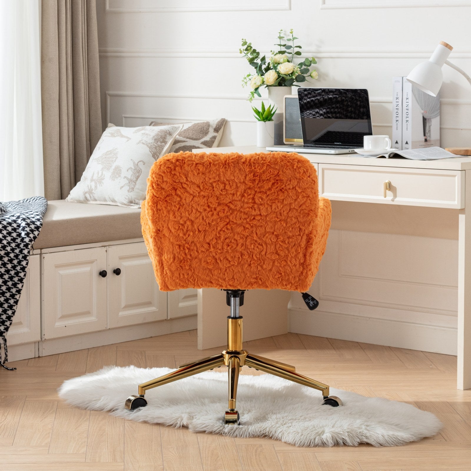 Office Chair,Artificial Rabbit Hair Home Office Chair With Golden Metal Base,Adjustable Desk Chair Swivel Office Chair,Vanity Chair Orange Orange Bedroom Foam Upholstered