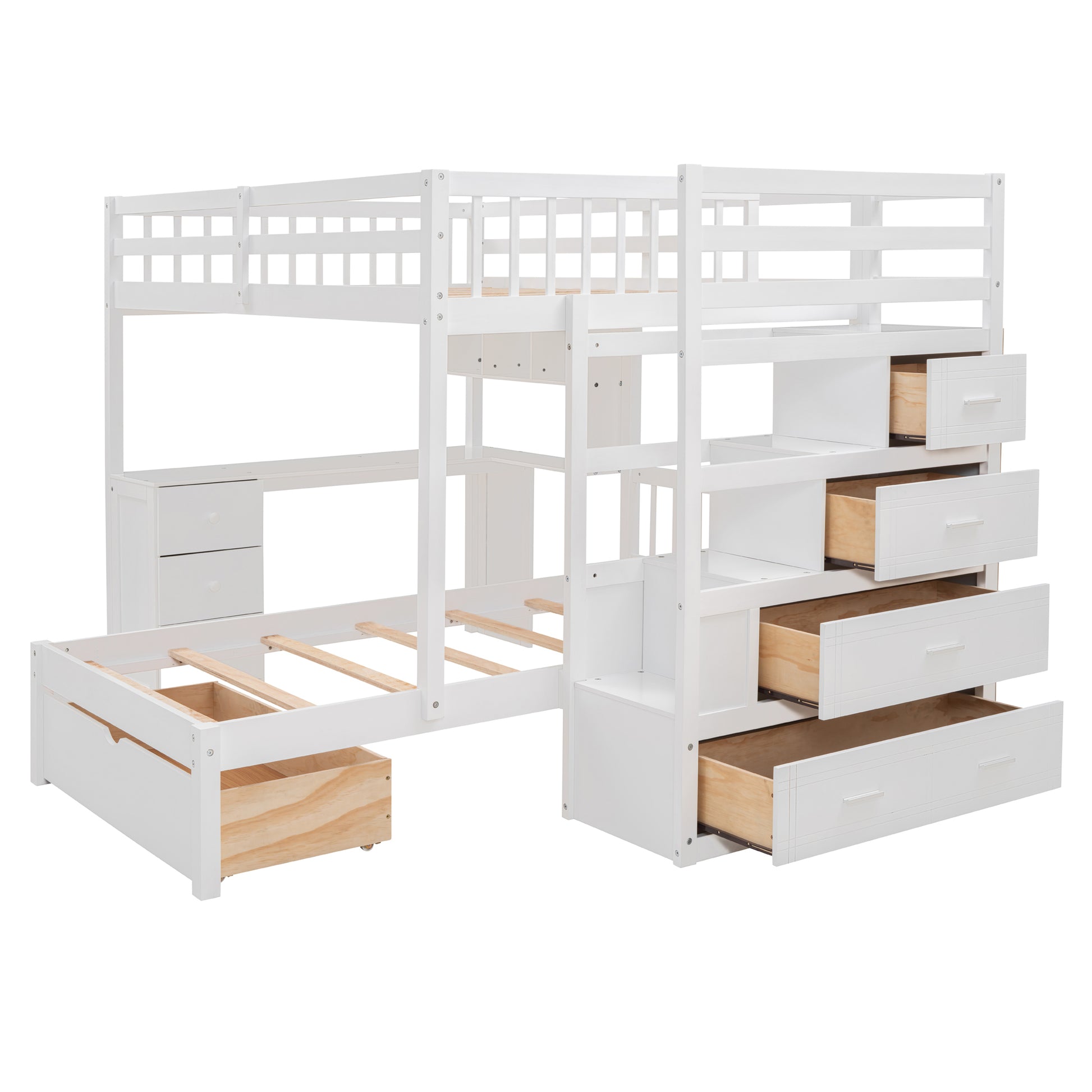 Full Over Twin Bunk Bed With Desk, Drawers And Shelves, White White Solid Wood