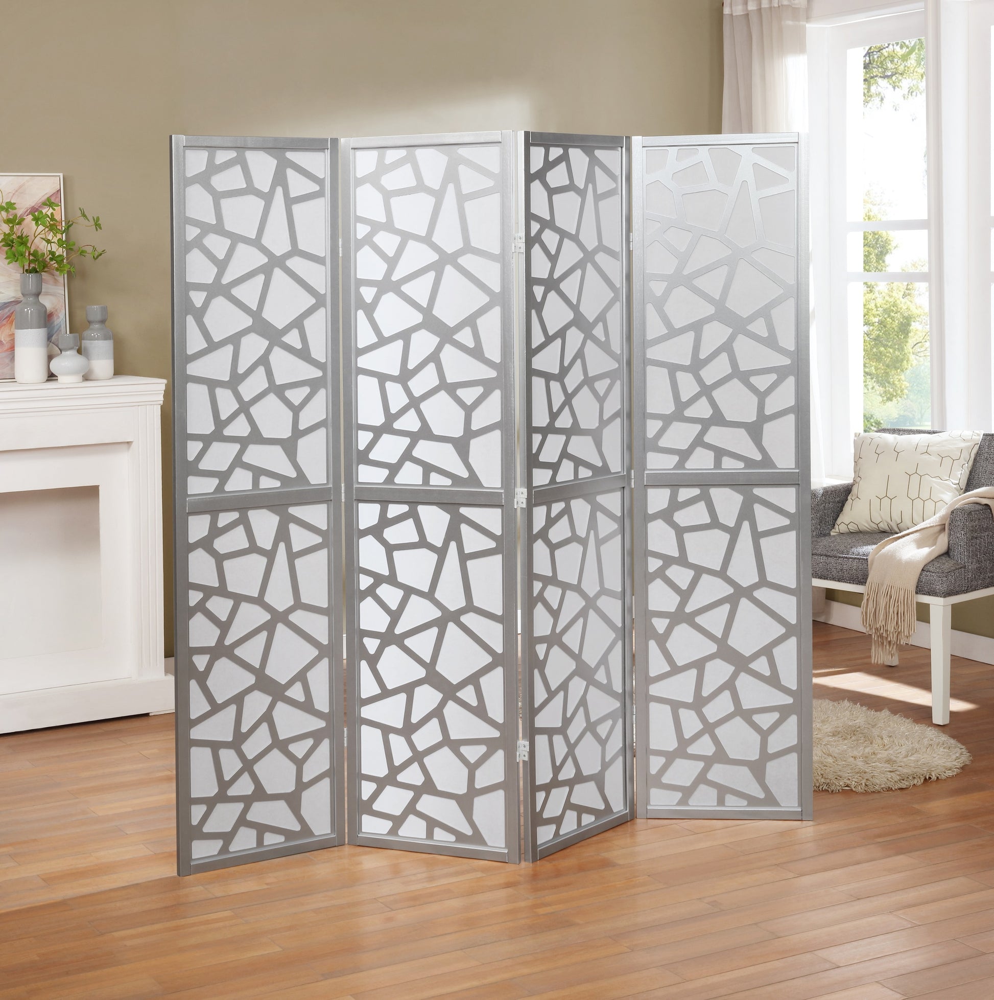Giyano 4 Panel Screen Room Divider, Sliver Silver Wood Paper