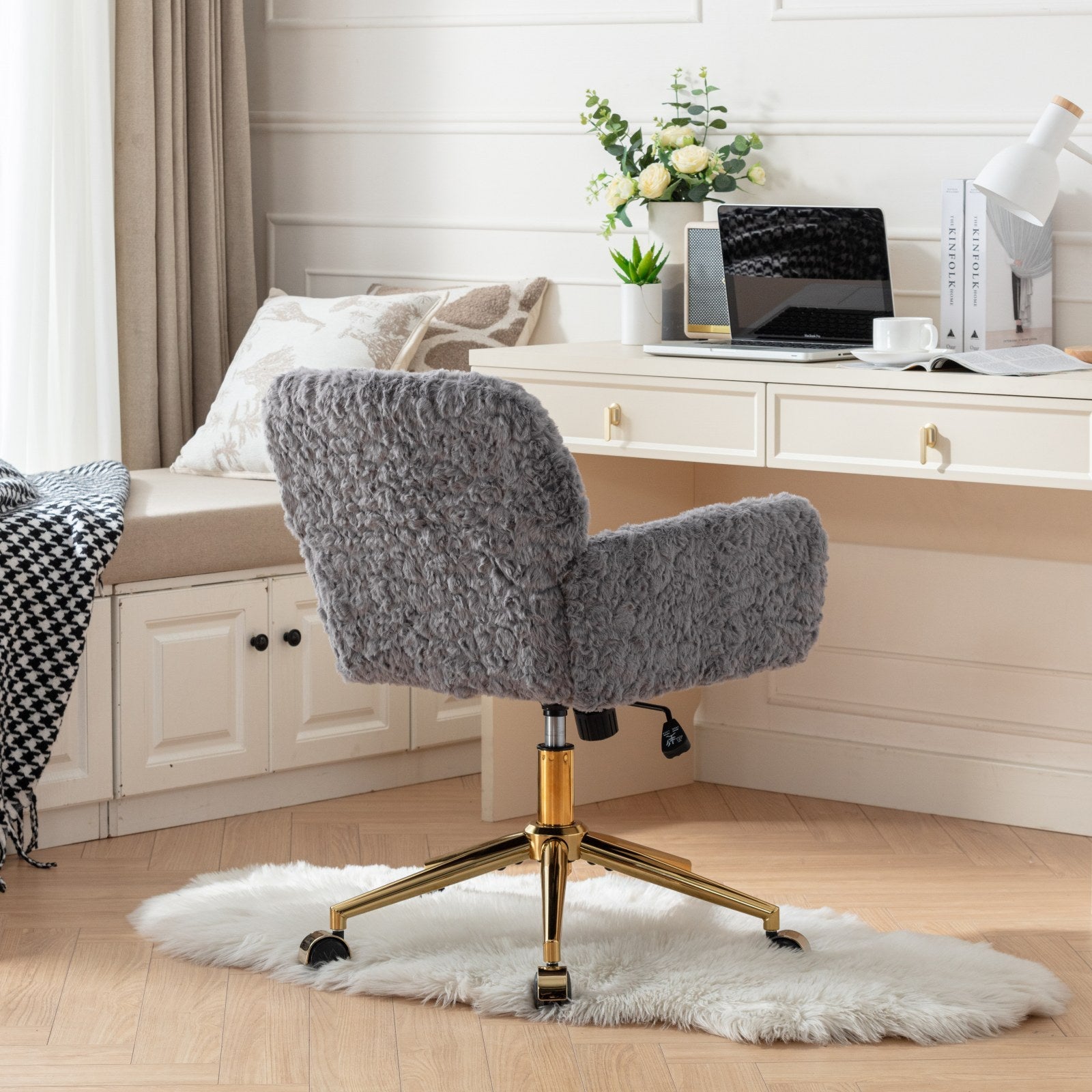 Office Chair,Artificial Rabbit Hair Home Office Chair With Golden Metal Base,Adjustable Desk Chair Swivel Office Chair,Vanity Chair Gray Gray Bedroom Foam Upholstered