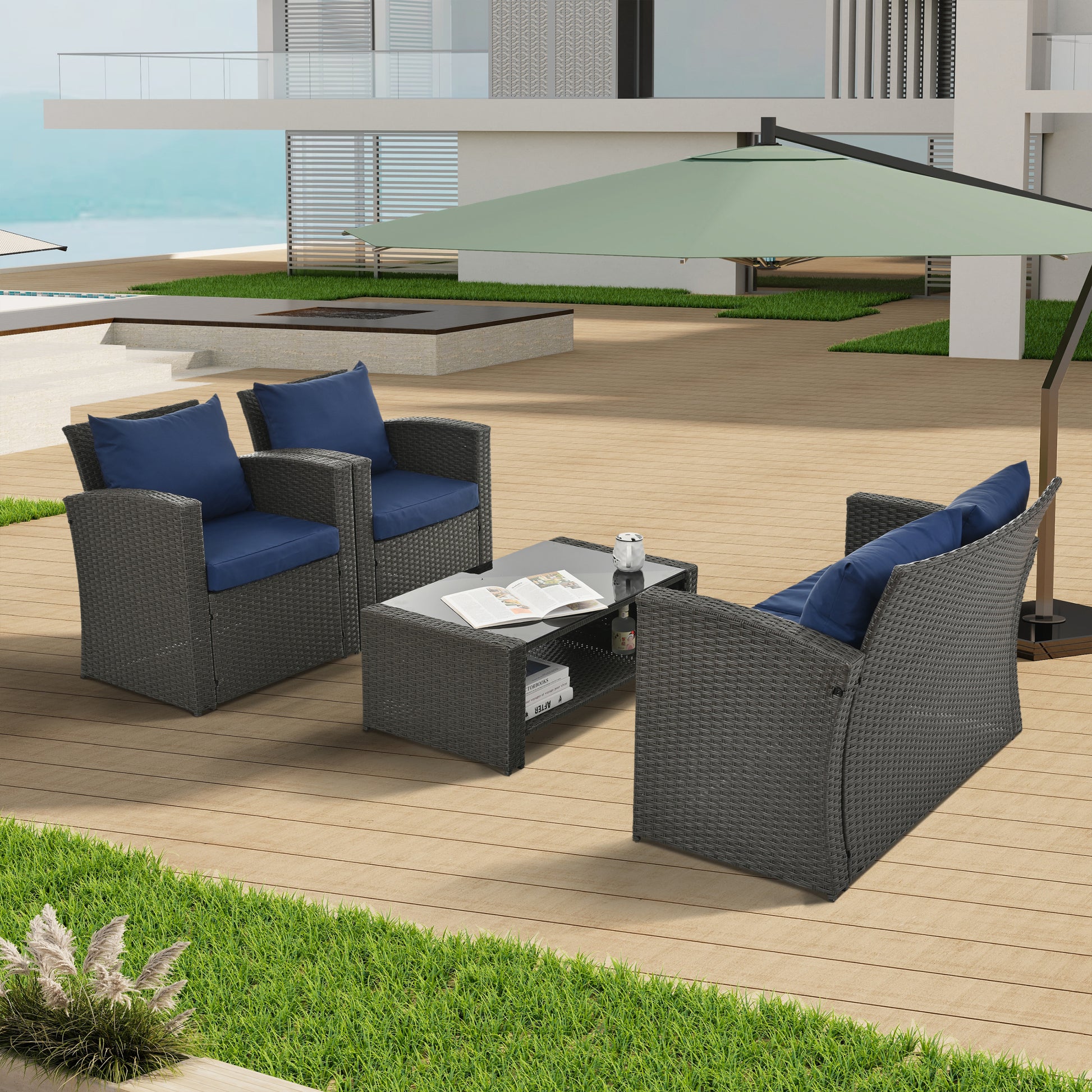 Patio Furniture Sets Dark Gray Seats 4 Pe Rattan Iron Waterproof Fabric