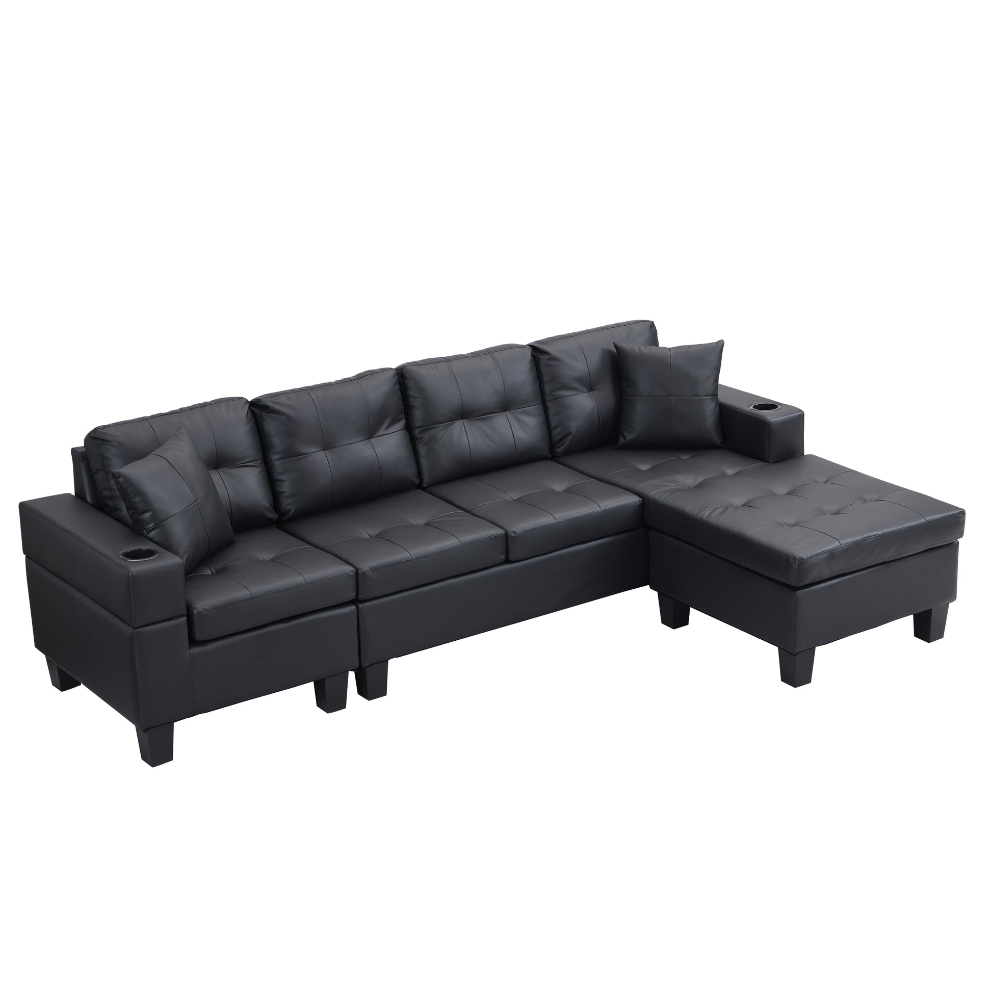 Sectional Sofa Set For Living Room With L Shape Chaise Lounge ,Cup Holder And Left Or Right Hand Chaise Modern 4 Seat Black Black Pu