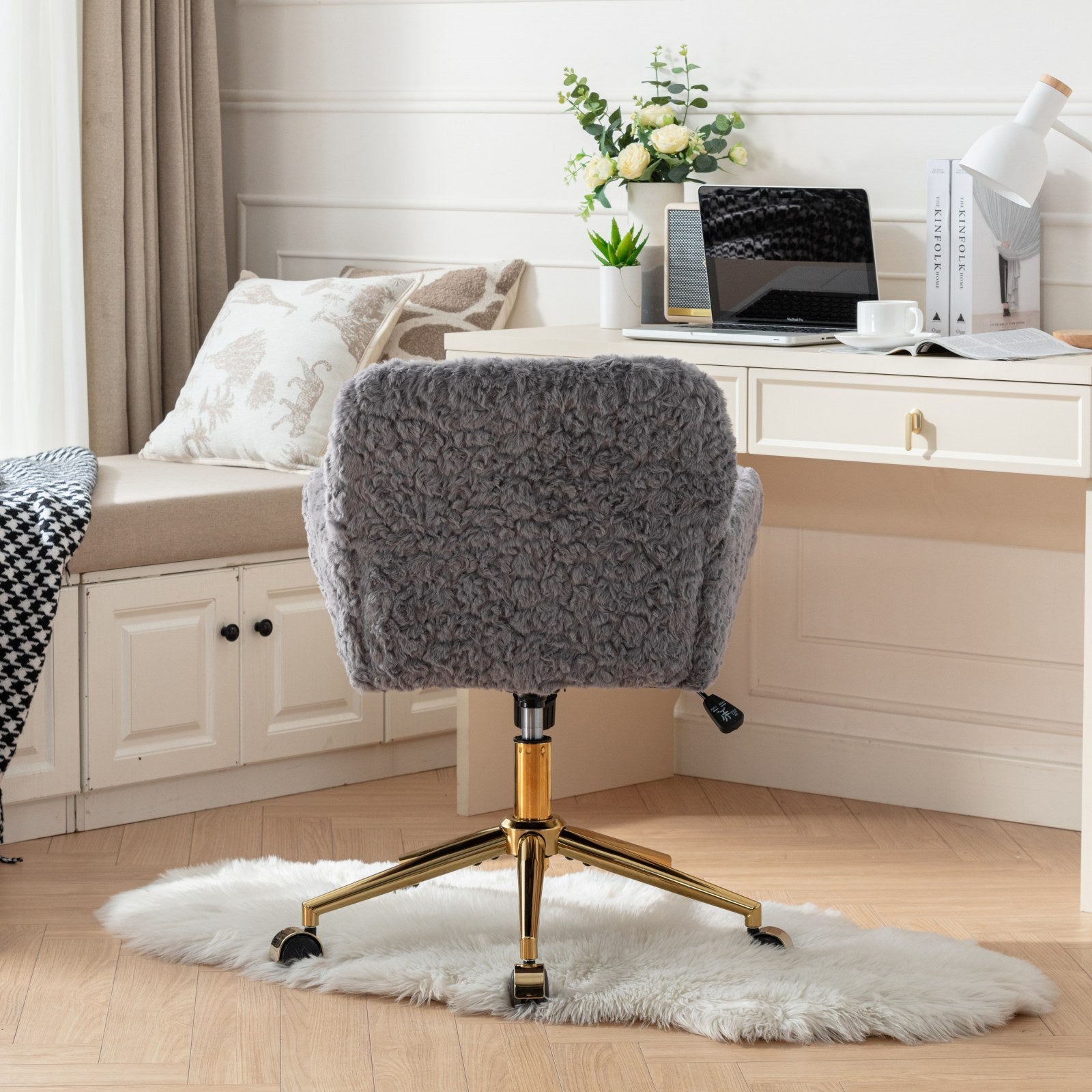 Office Chair,Artificial Rabbit Hair Home Office Chair With Golden Metal Base,Adjustable Desk Chair Swivel Office Chair,Vanity Chair Gray Gray Bedroom Foam Upholstered