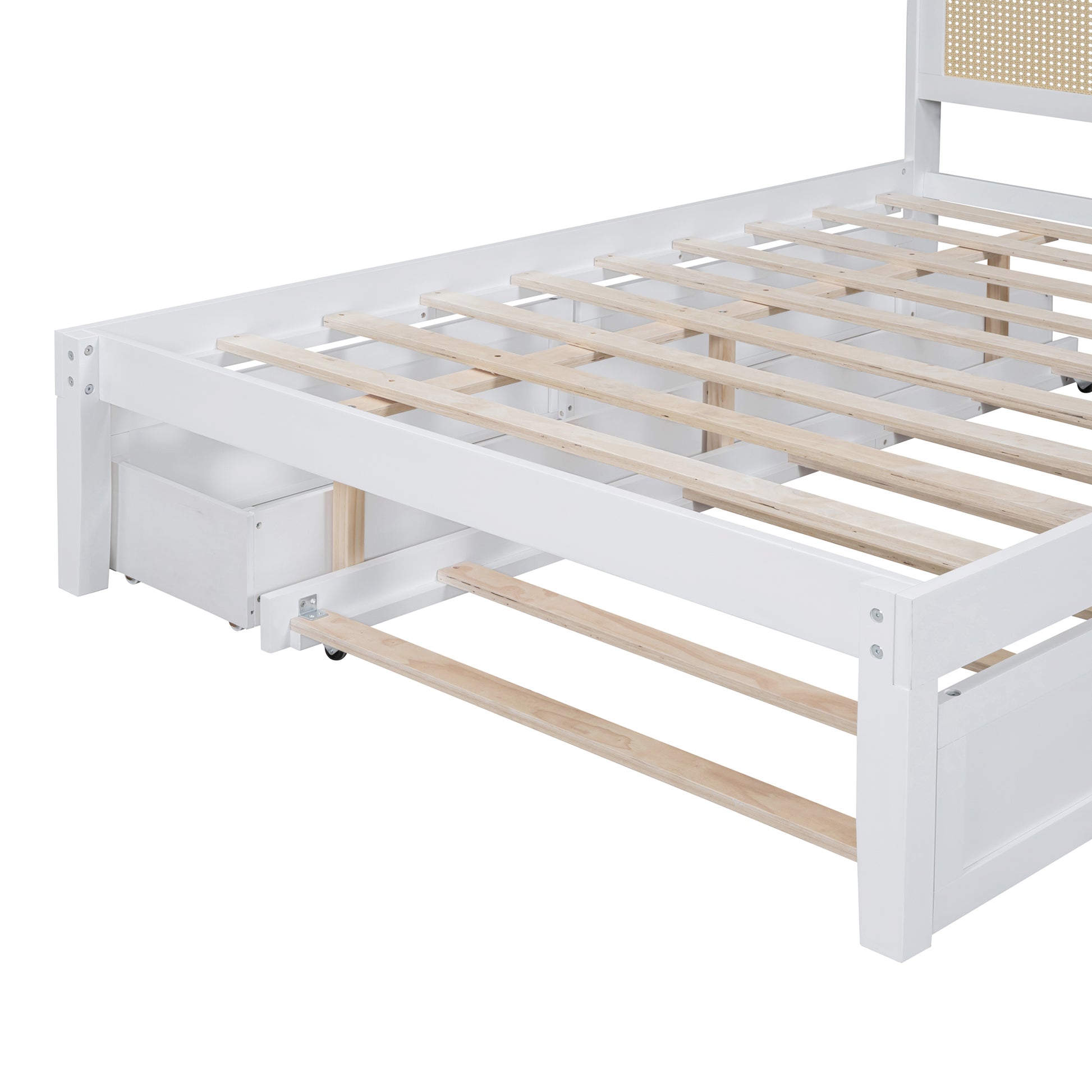 Full Size Elegant Bed Frame With Rattan Headboard And Sockets ,White Full White Rattan