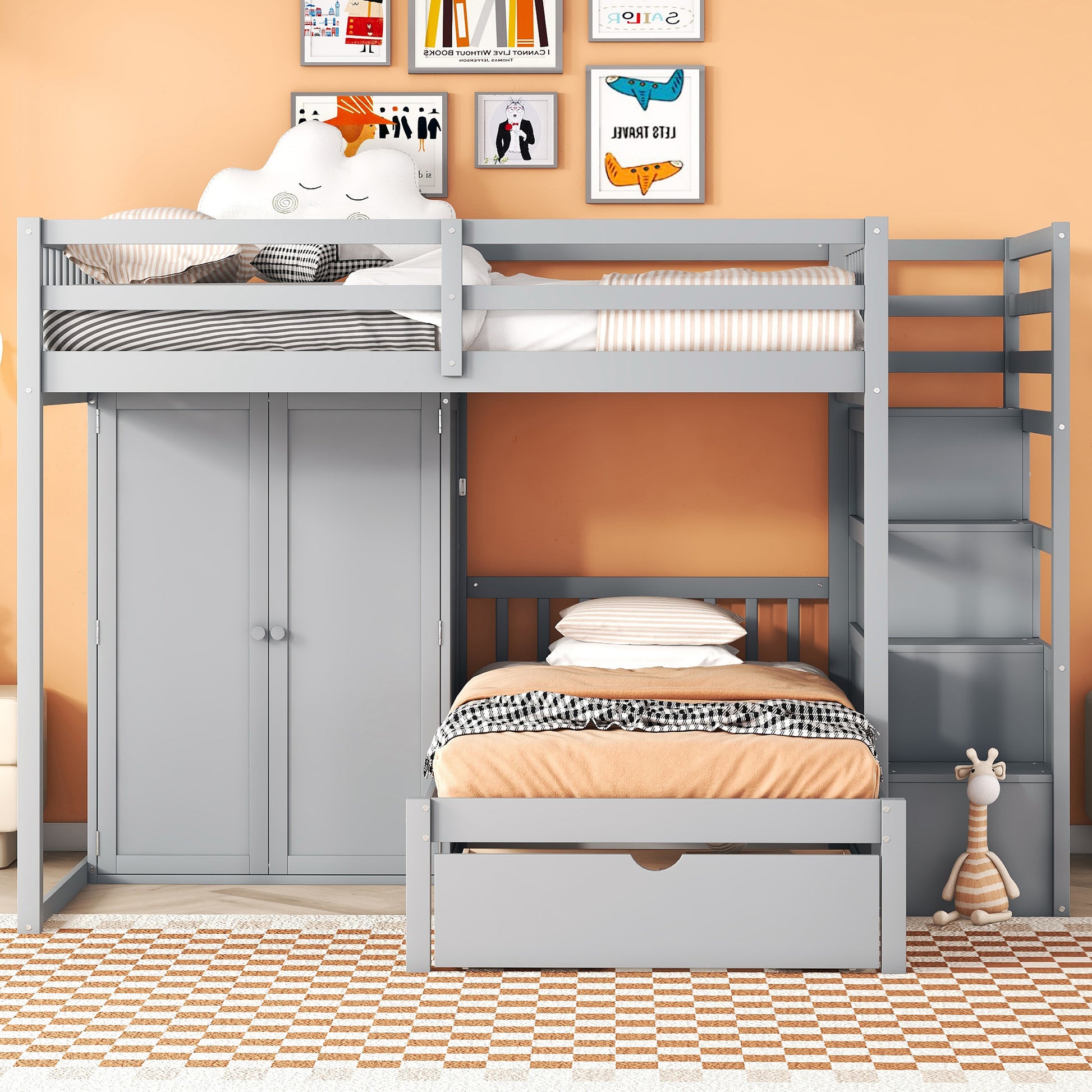 Full Over Twin Bunk Bed With Wardrobe, Drawers, Gray Gray Solid Wood