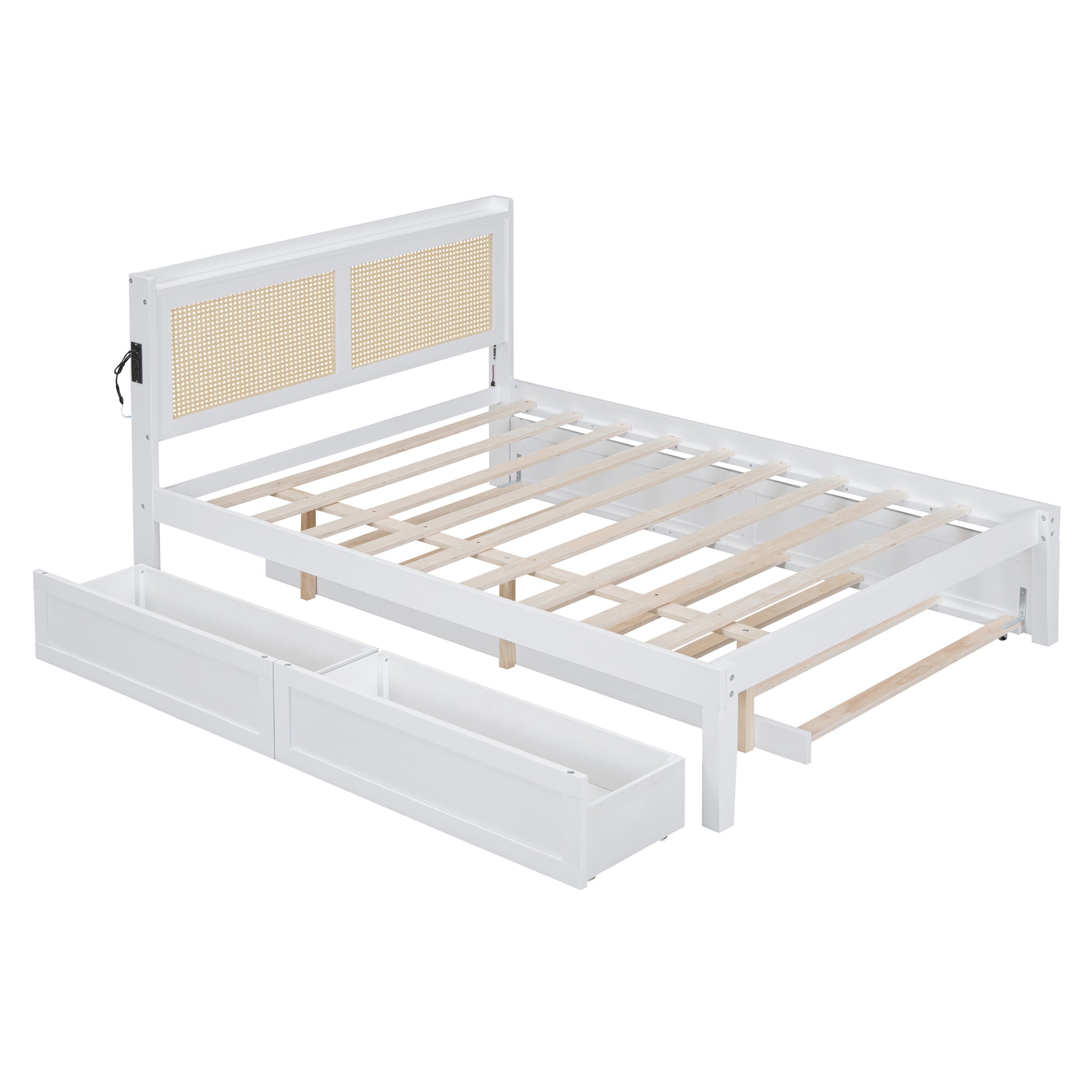 Full Size Elegant Bed Frame With Rattan Headboard And Sockets ,White Full White Rattan