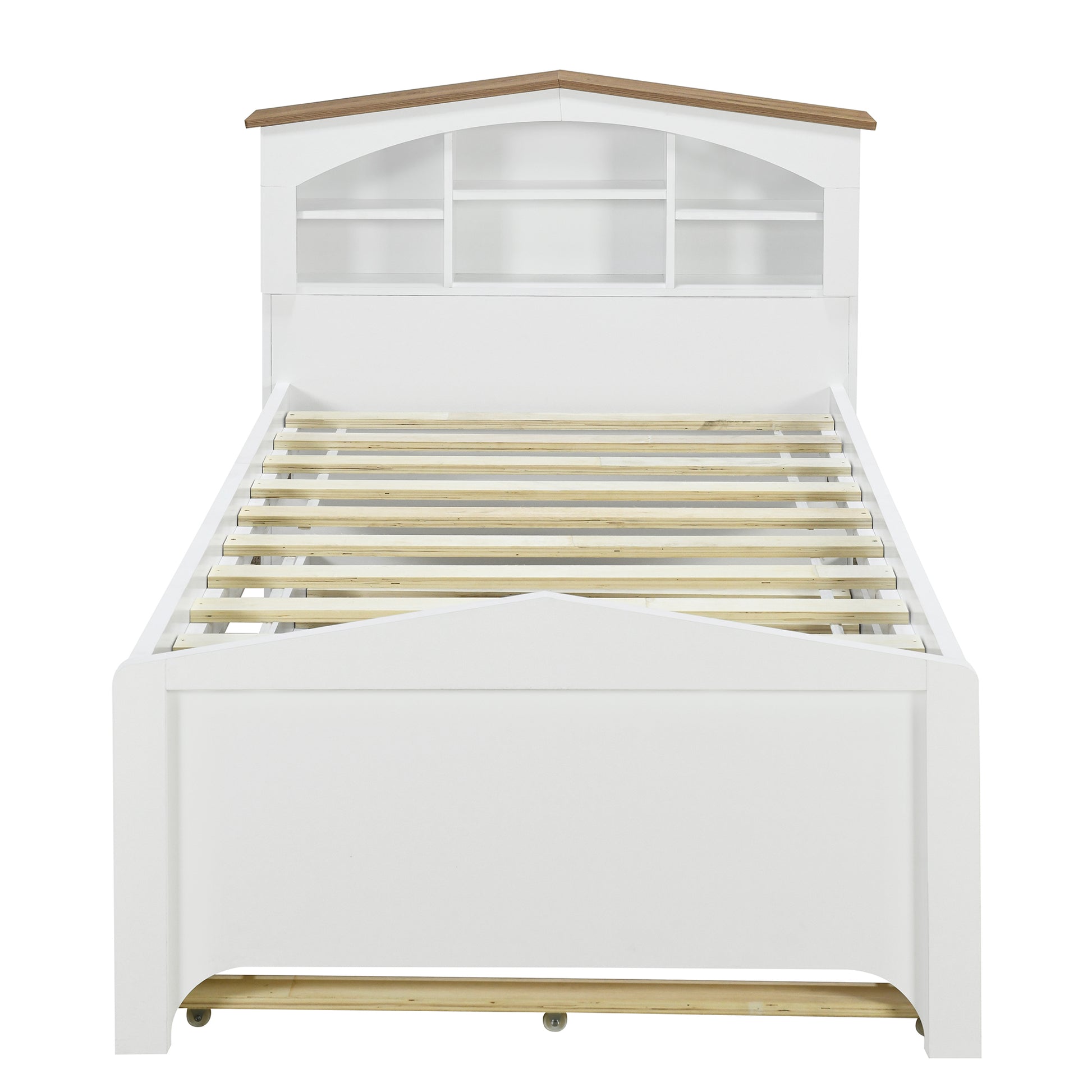 Twin Size Wood Platform Bed With House Shaped Storage Headboard And Trundle, White Box Spring Not Required Twin White Wood Bedroom Bed Frame Solid Wood Mdf