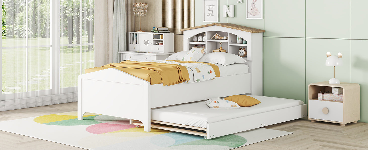 Twin Size Wood Platform Bed With House Shaped Storage Headboard And Trundle, White Box Spring Not Required Twin White Wood Bedroom Bed Frame Solid Wood Mdf