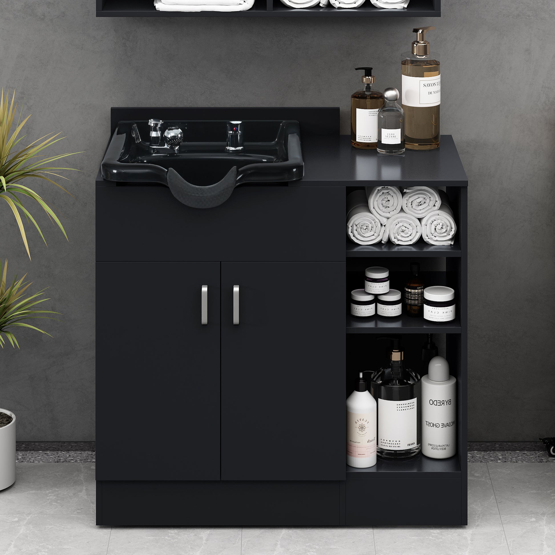 Shampoo Backwash Station For Salons,Salon Station With Shampoo Bowl & Storage Layer,Salon Equipment For Spa Beauty Black Classic,Modern Abs Steel Q235 Wood Pvc