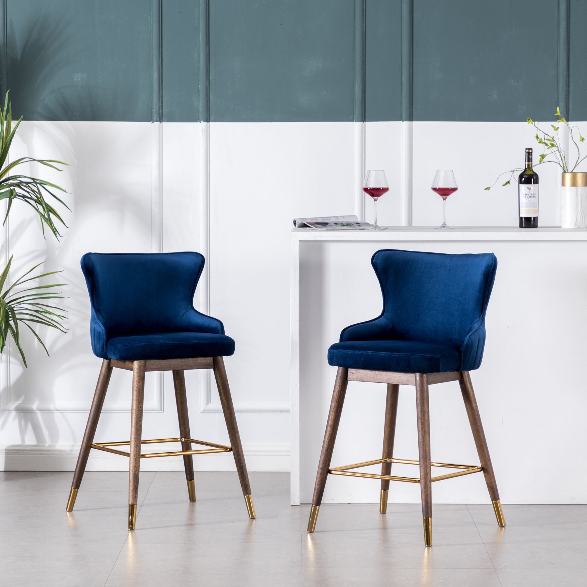 Leland Fabric Upholstered Counter Height Wingback Stools, Set Of 2, Blue Blue Polyester