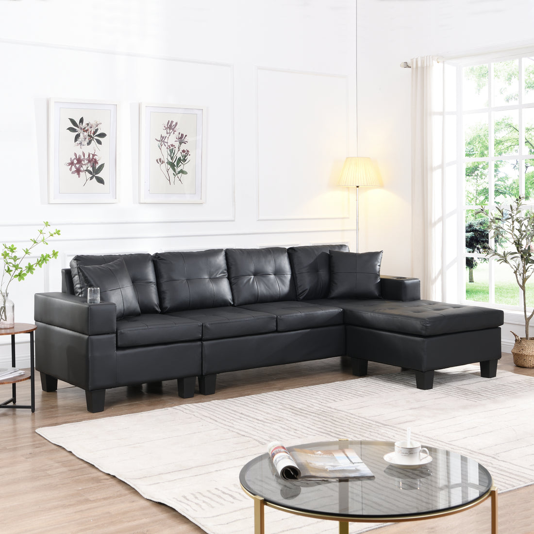 Sectional Sofa Set For Living Room With L Shape Chaise Lounge ,Cup Holder And Left Or Right Hand Chaise Modern 4 Seat Black Black Pu