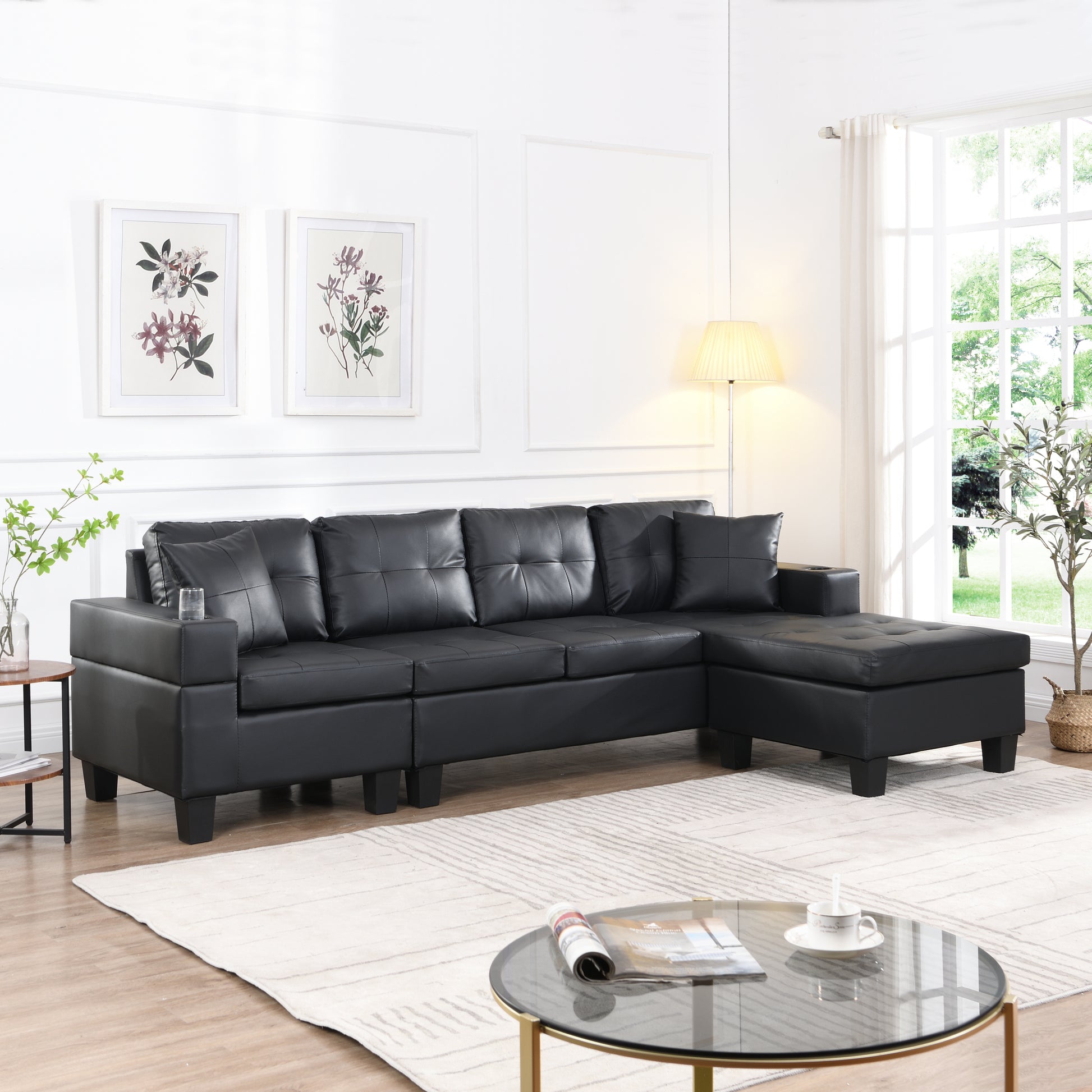 Sectional Sofa Set For Living Room With L Shape Chaise Lounge ,Cup Holder And Left Or Right Hand Chaise Modern 4 Seat Black Black Pu