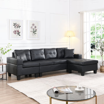 Sectional Sofa Set For Living Room With L Shape Chaise Lounge ,Cup Holder And Left Or Right Hand Chaise Modern 4 Seat Black Black Pu