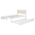 Full Size Elegant Bed Frame With Rattan Headboard And Sockets ,White Full White Rattan