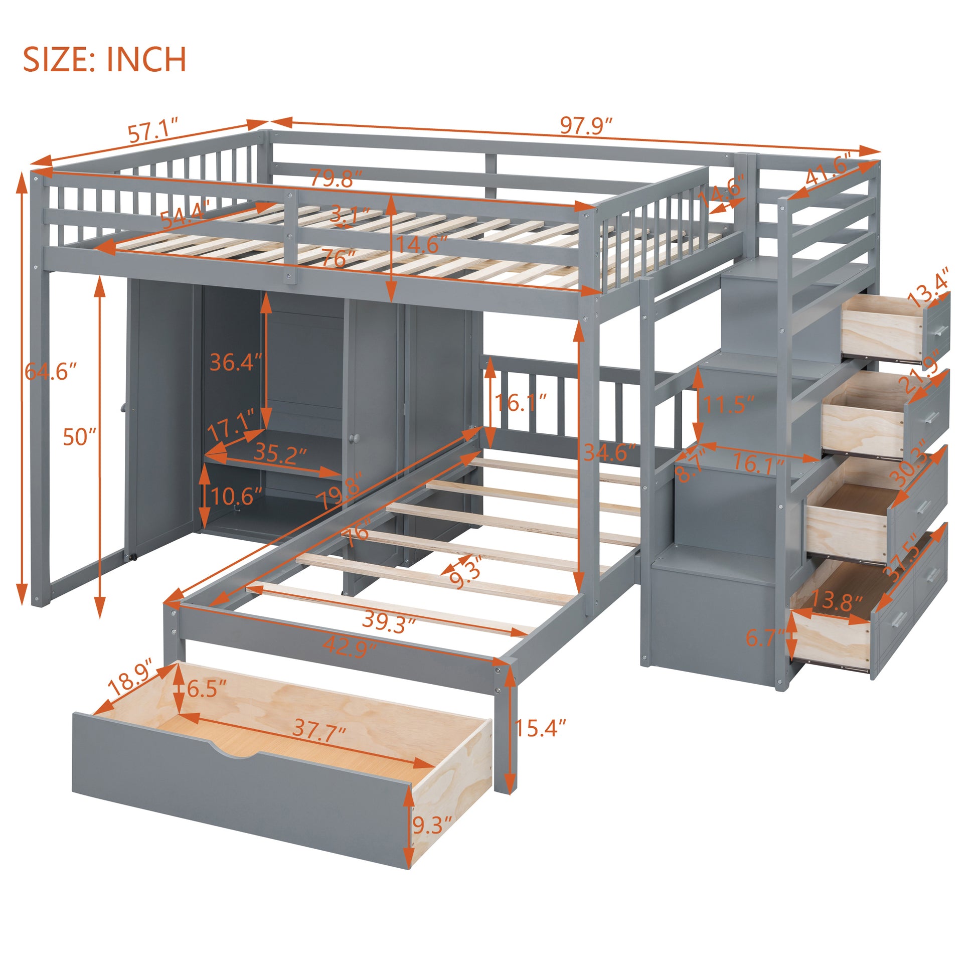 Full Over Twin Bunk Bed With Wardrobe, Drawers, Gray Gray Solid Wood