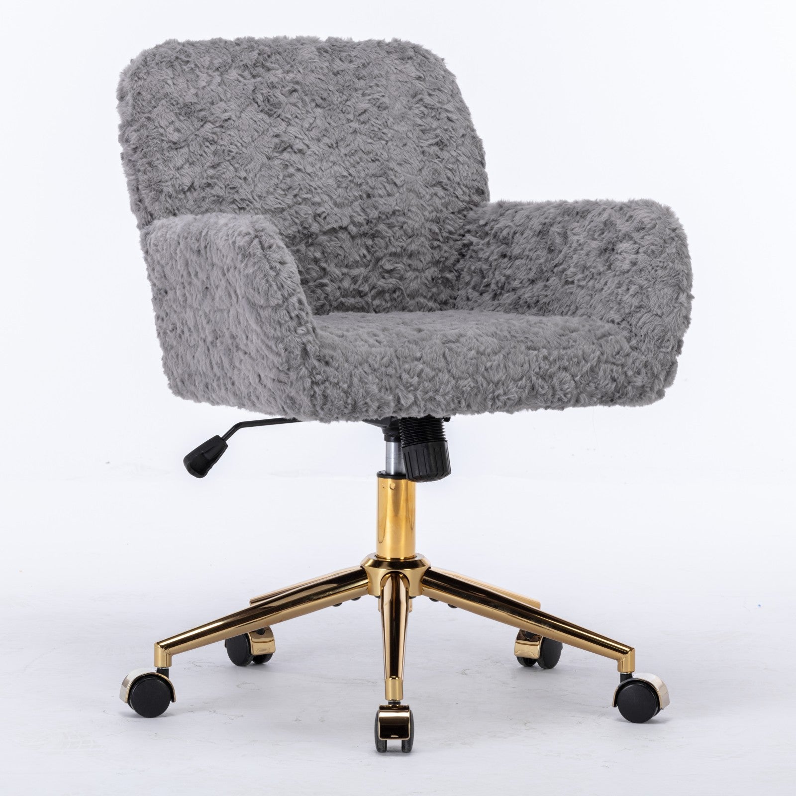 Office Chair,Artificial Rabbit Hair Home Office Chair With Golden Metal Base,Adjustable Desk Chair Swivel Office Chair,Vanity Chair Gray Gray Bedroom Foam Upholstered