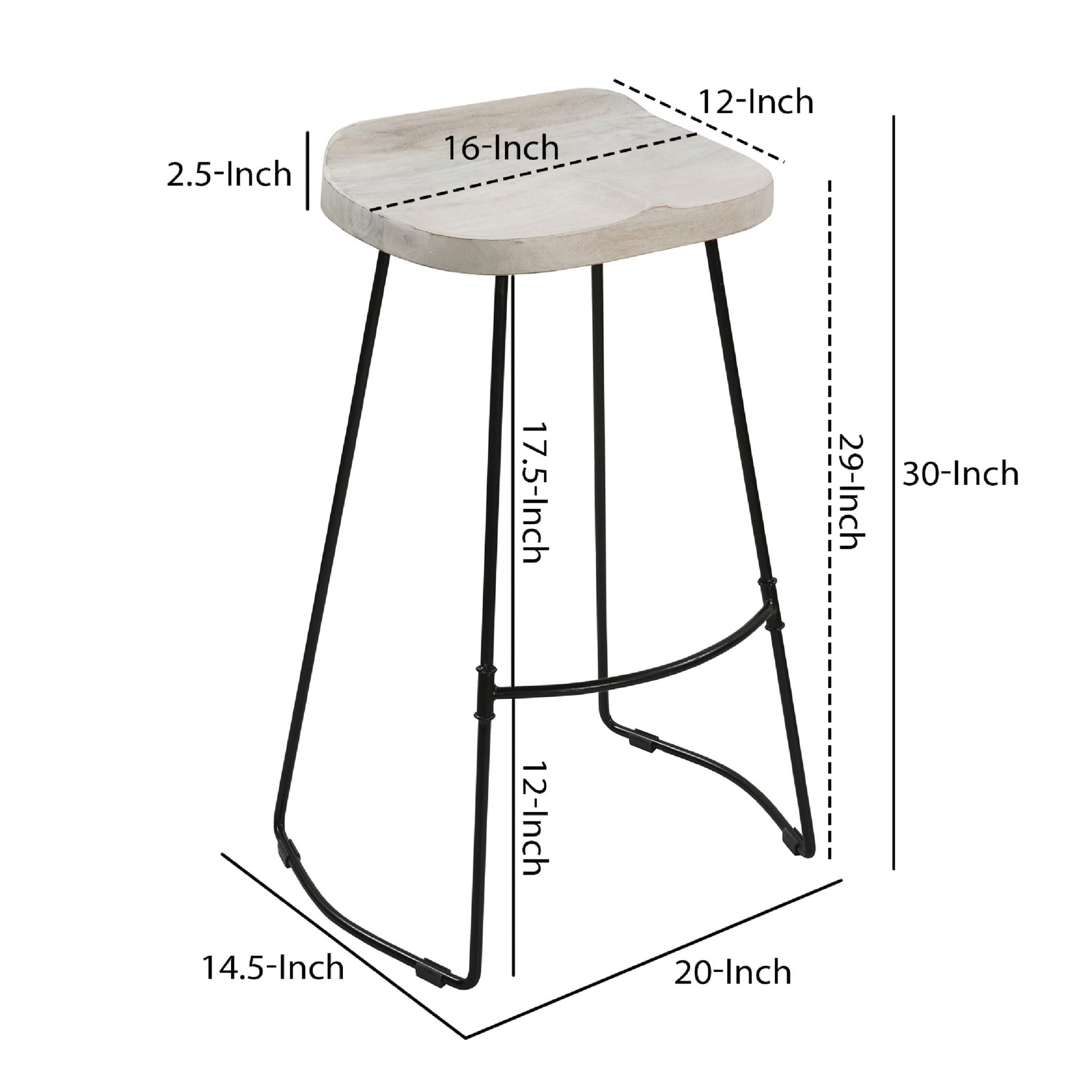 Tiva 30 Inch Handcrafted Backless Barstool, Whitewashed Mango Wood Saddle Seat, Black Metal Base Black White Metal & Wood