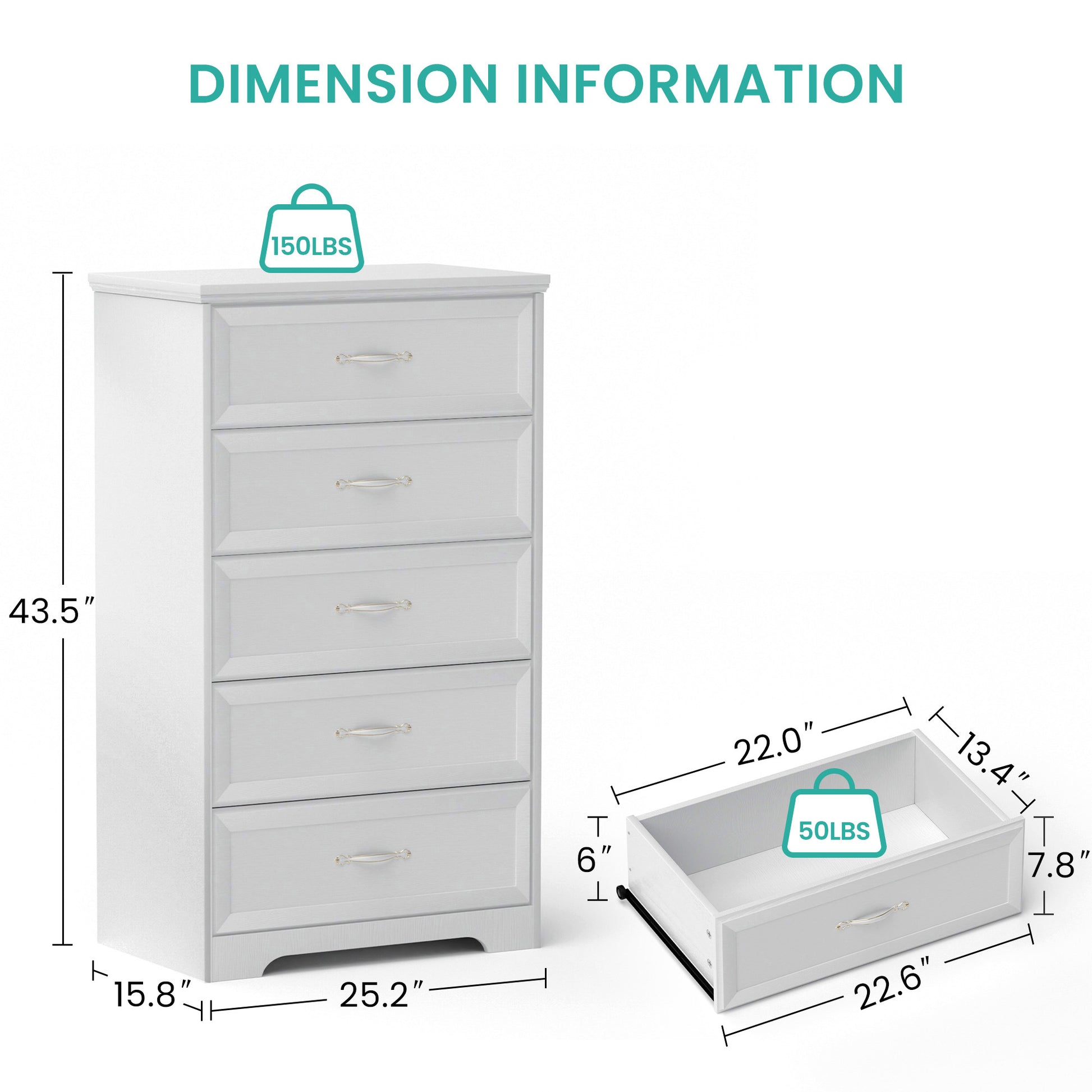 Modern 5 Tier Bedroom Chest Of Drawers, Dresser With Drawers, Clothes Organizer Metal Pulls For Living Room, Bedroom, Hallway, White, 25.2 L X 15.8 W X 43.5 H White Particle Board