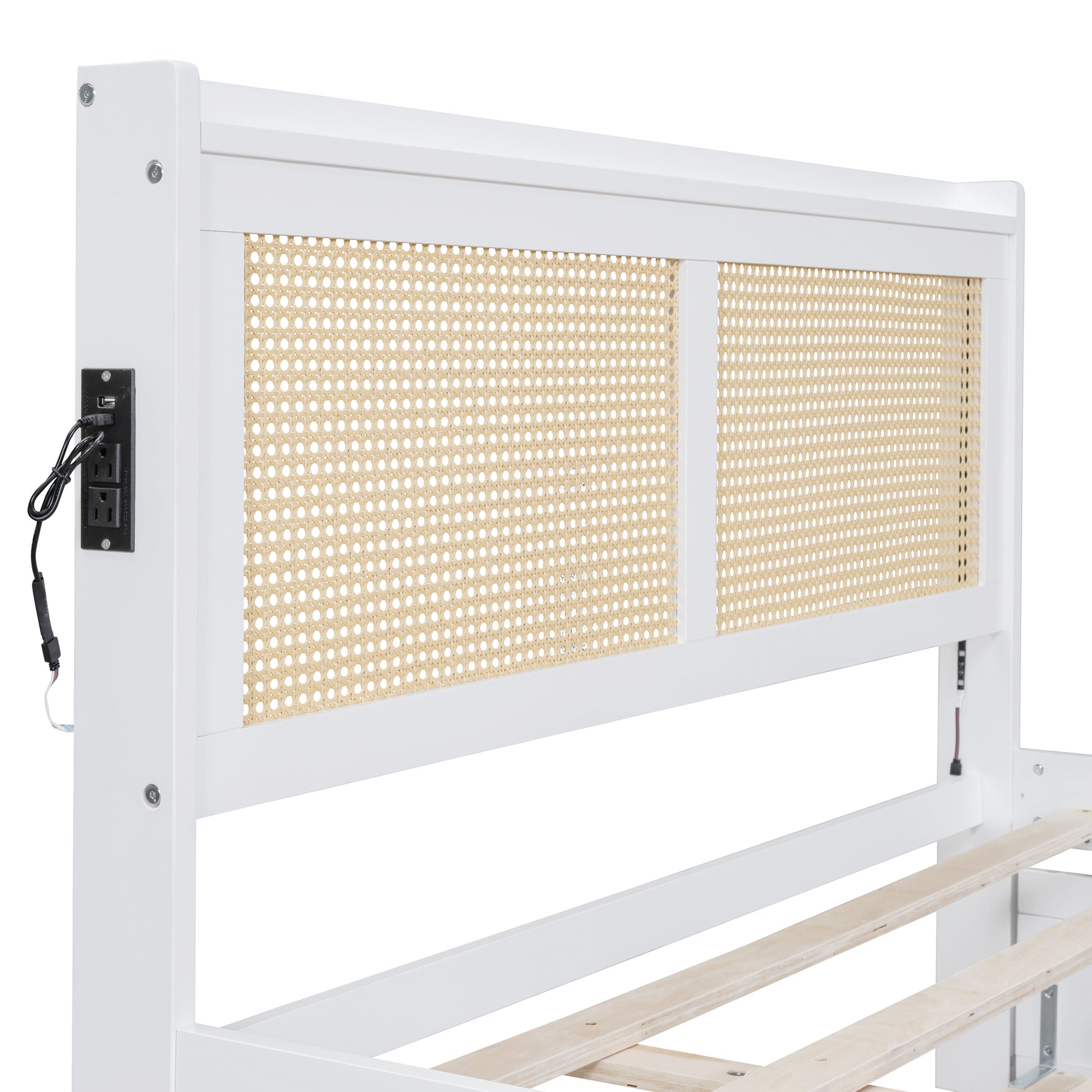 Full Size Elegant Bed Frame With Rattan Headboard And Sockets ,White Full White Rattan