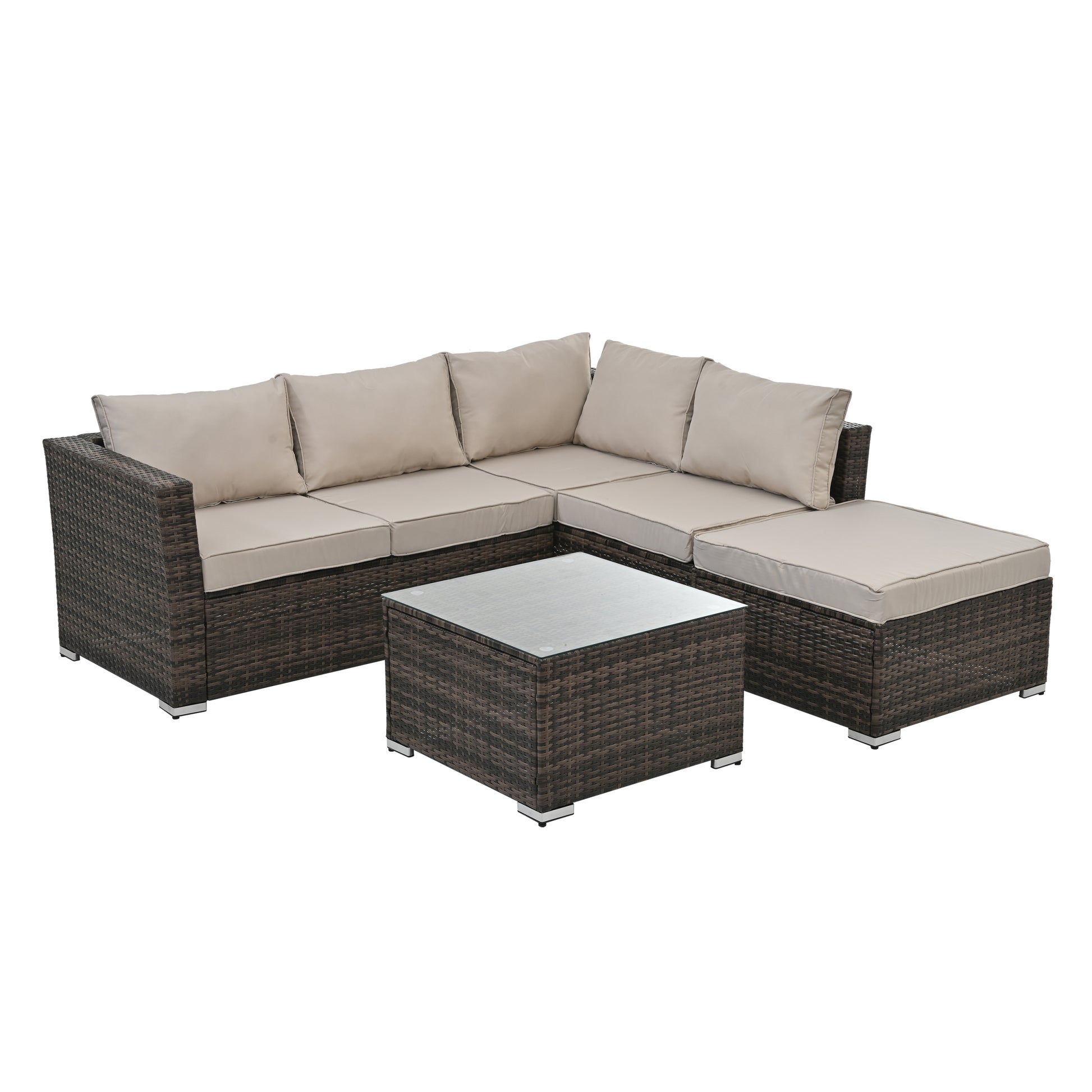 Patio Furniture, Outdoor Furniture, Seasonal Pe Wicker Furniture, 4 Set Wicker Furniture With Tempered Glass Coffee Table Brown Pe Rattan Iron Waterproof Fabric