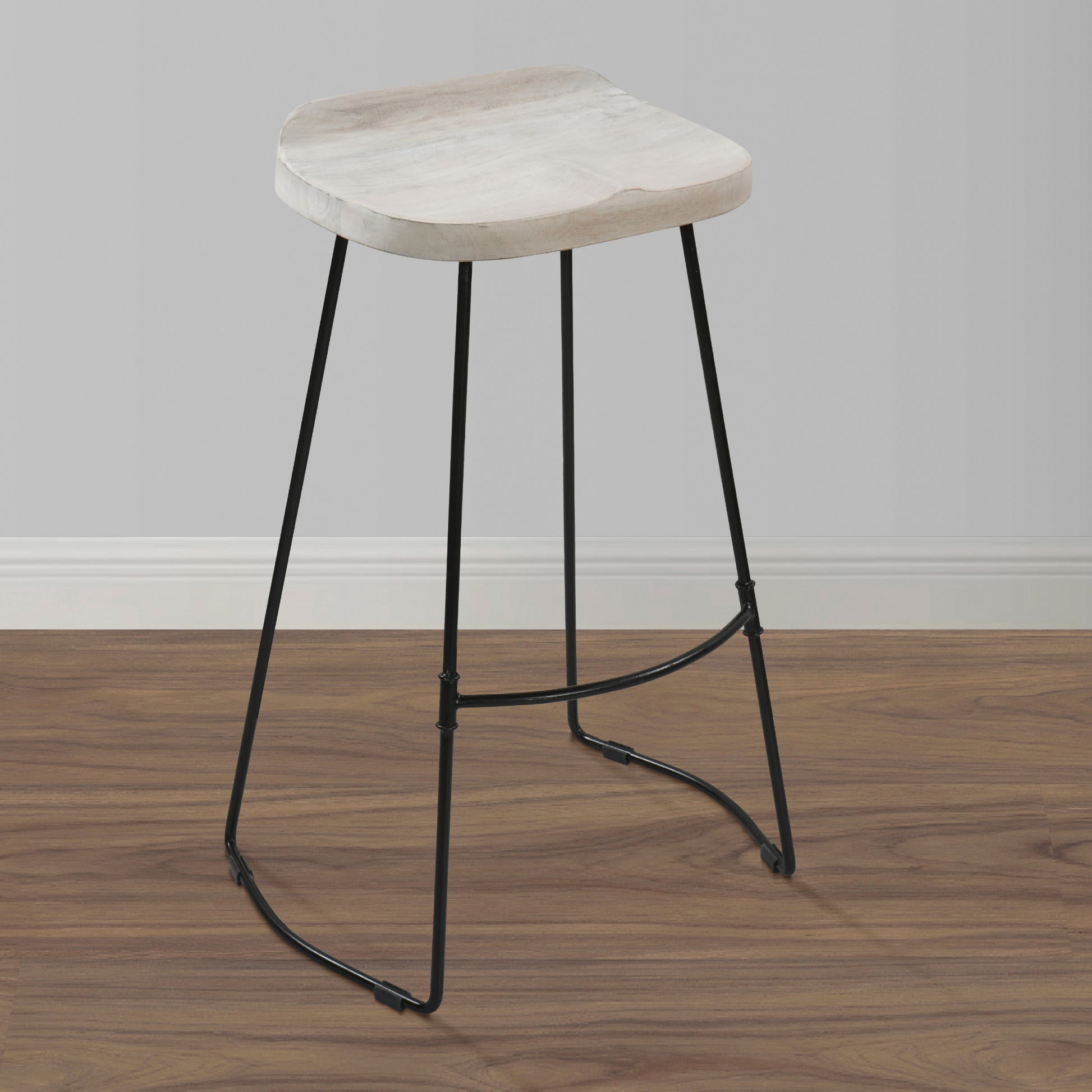 Tiva 30 Inch Handcrafted Backless Barstool, Whitewashed Mango Wood Saddle Seat, Black Metal Base Black White Metal & Wood