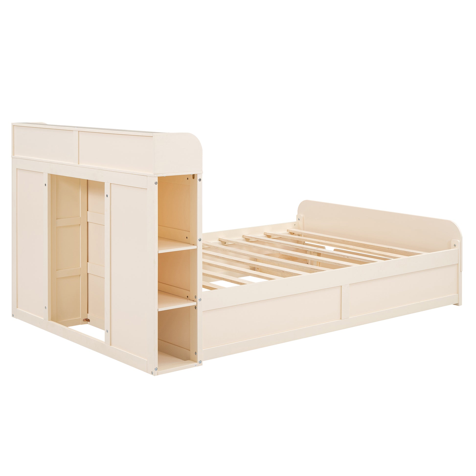 Full Size Platform Bed With Storage Headboard And A Big Drawer, Cream Box Spring Not Required Full Cream Wood Bedroom Bed Frame Solid Wood Mdf