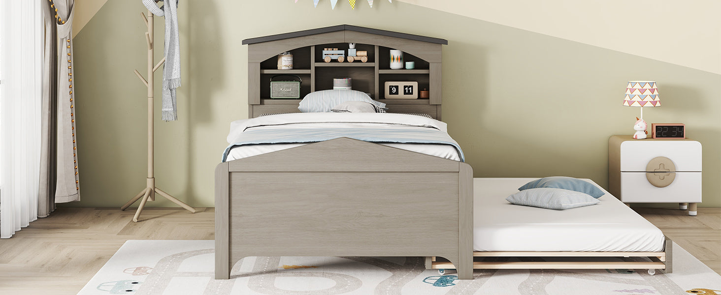 Twin Size Wood Platform Bed With House Shaped Storage Headboard And Trundle, Gray Box Spring Not Required Twin Gray Wood Bedroom Bed Frame Solid Wood Mdf